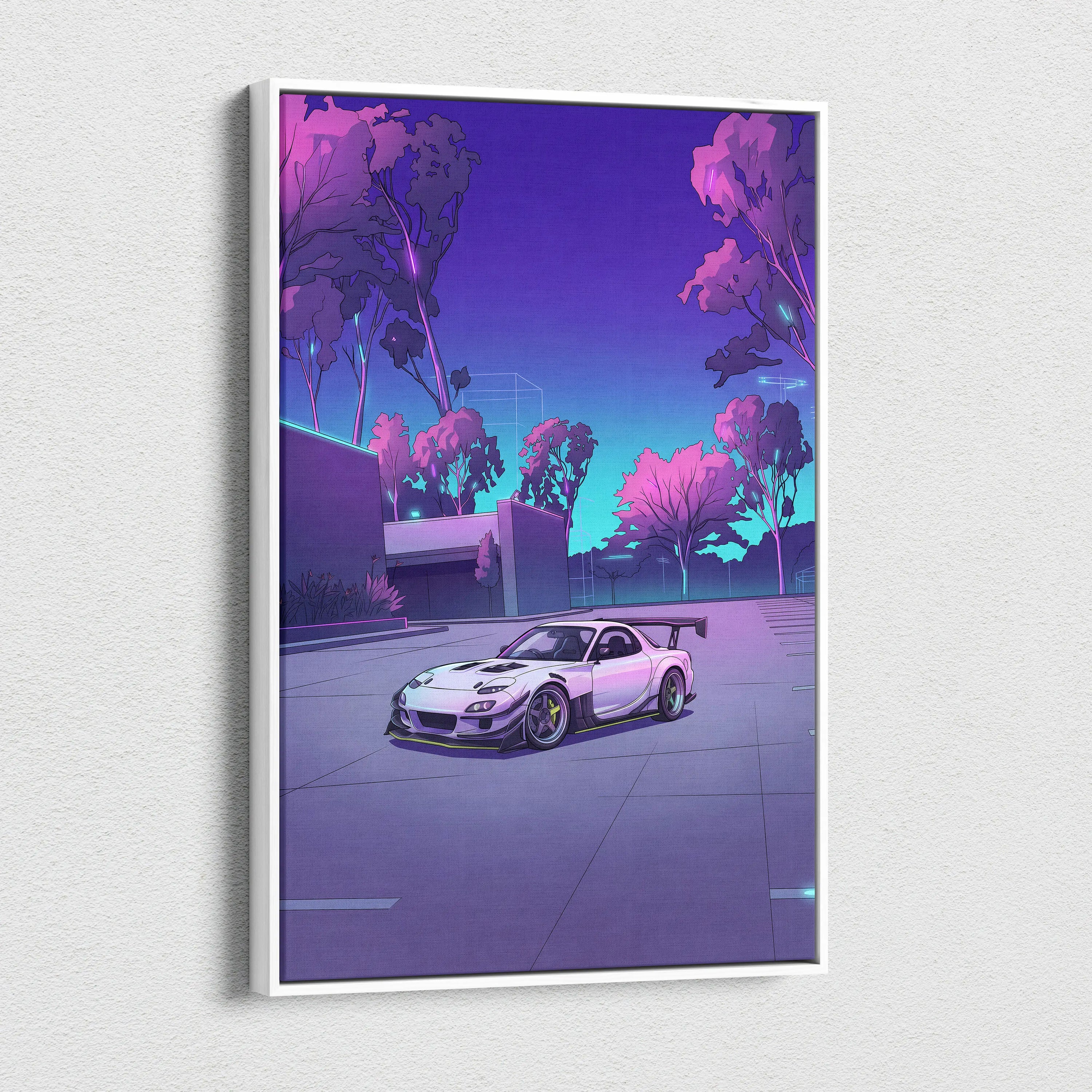 Mazda RX-7 Inspired White Purple Canvas Wall Art, Vaporwave JDM Sports Car Artwork, Neon Grid Garage Decor, Retro Futuristic Auto Print