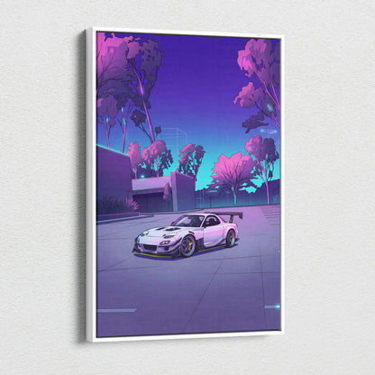 Mazda RX-7 Inspired White Purple Canvas Wall Art, Vaporwave JDM Sports Car Artwork, Neon Grid Garage Decor, Retro Futuristic Auto Print