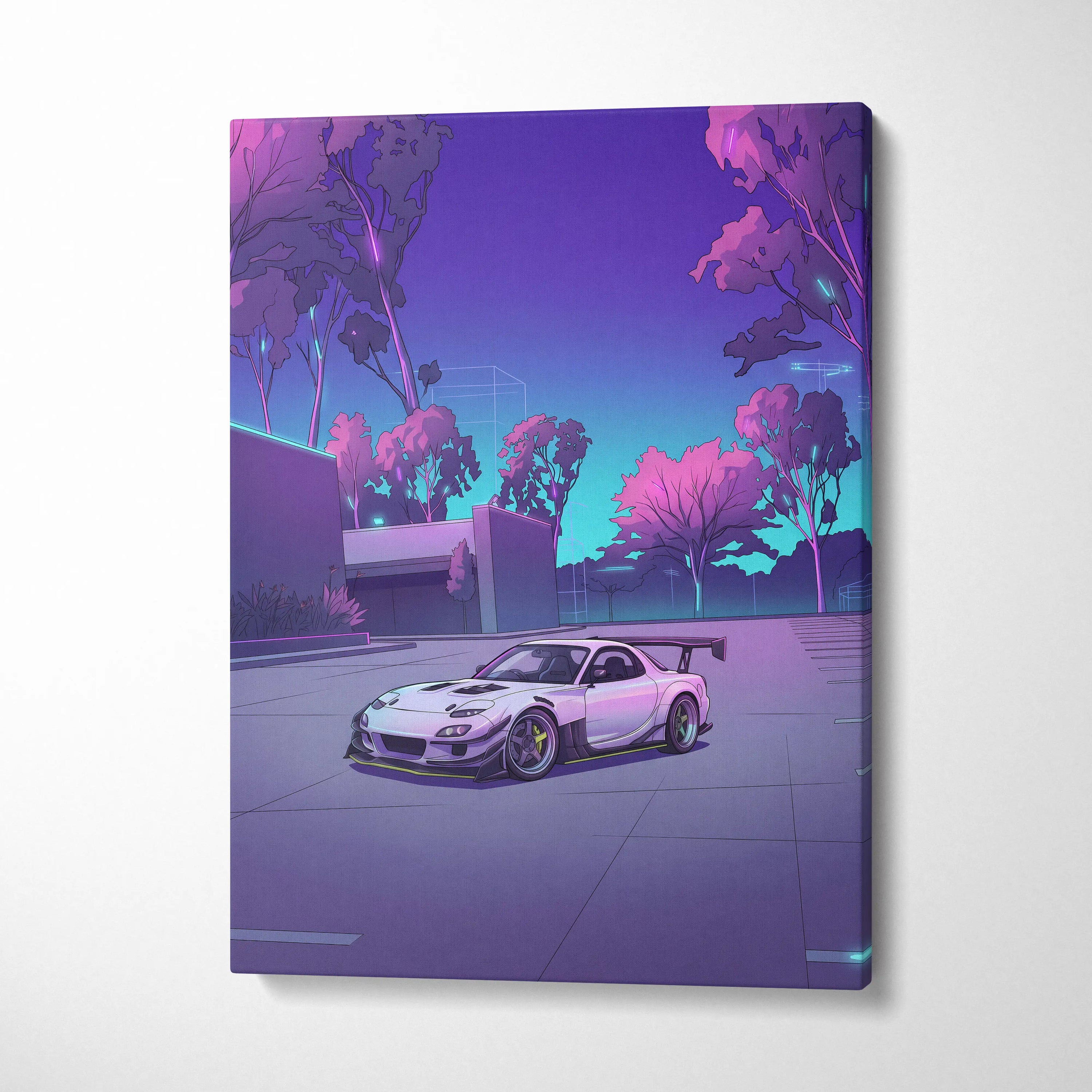 Mazda RX-7 Inspired White Purple Canvas Wall Art, Vaporwave JDM Sports Car Artwork, Neon Grid Garage Decor, Retro Futuristic Auto Print