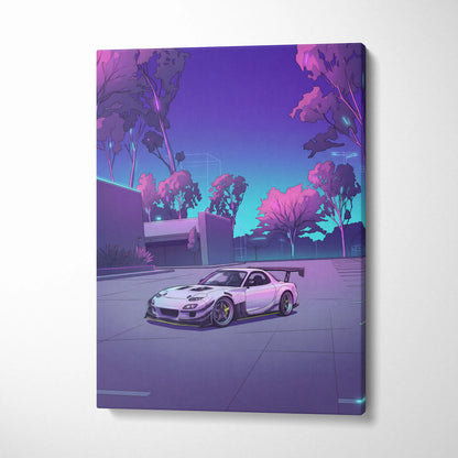 Mazda RX-7 Inspired White Purple Canvas Wall Art, Vaporwave JDM Sports Car Artwork, Neon Grid Garage Decor, Retro Futuristic Auto Print