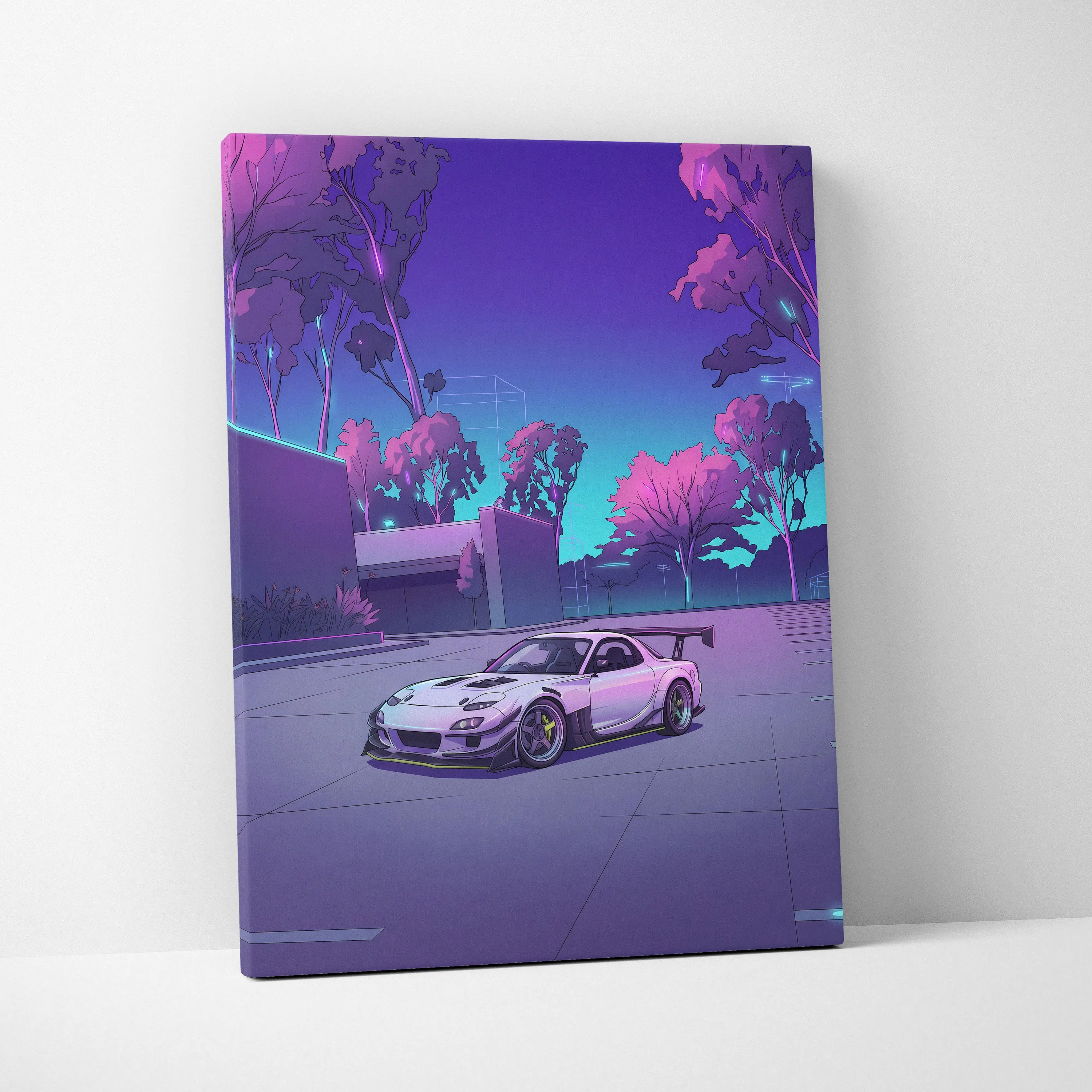 Mazda RX-7 Inspired White Purple Canvas Wall Art, Vaporwave JDM Sports Car Artwork, Neon Grid Garage Decor, Retro Futuristic Auto Print