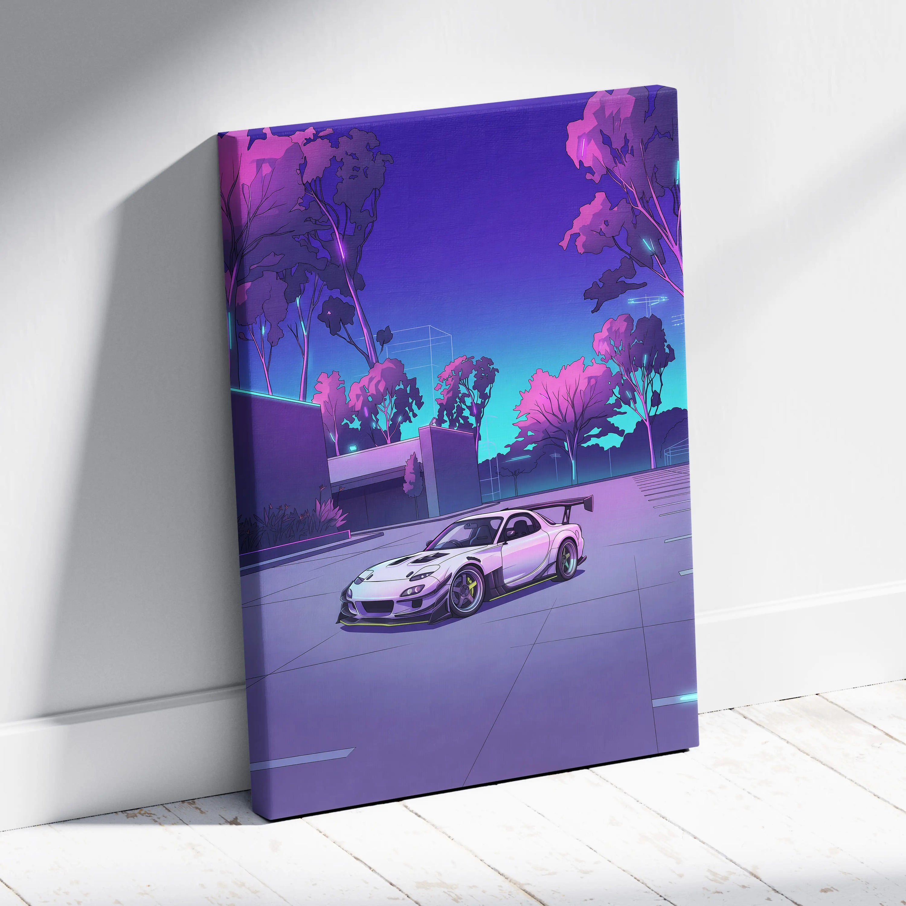 Mazda RX-7 Inspired White Purple Canvas Wall Art, Vaporwave JDM Sports Car Artwork, Neon Grid Garage Decor, Retro Futuristic Auto Print