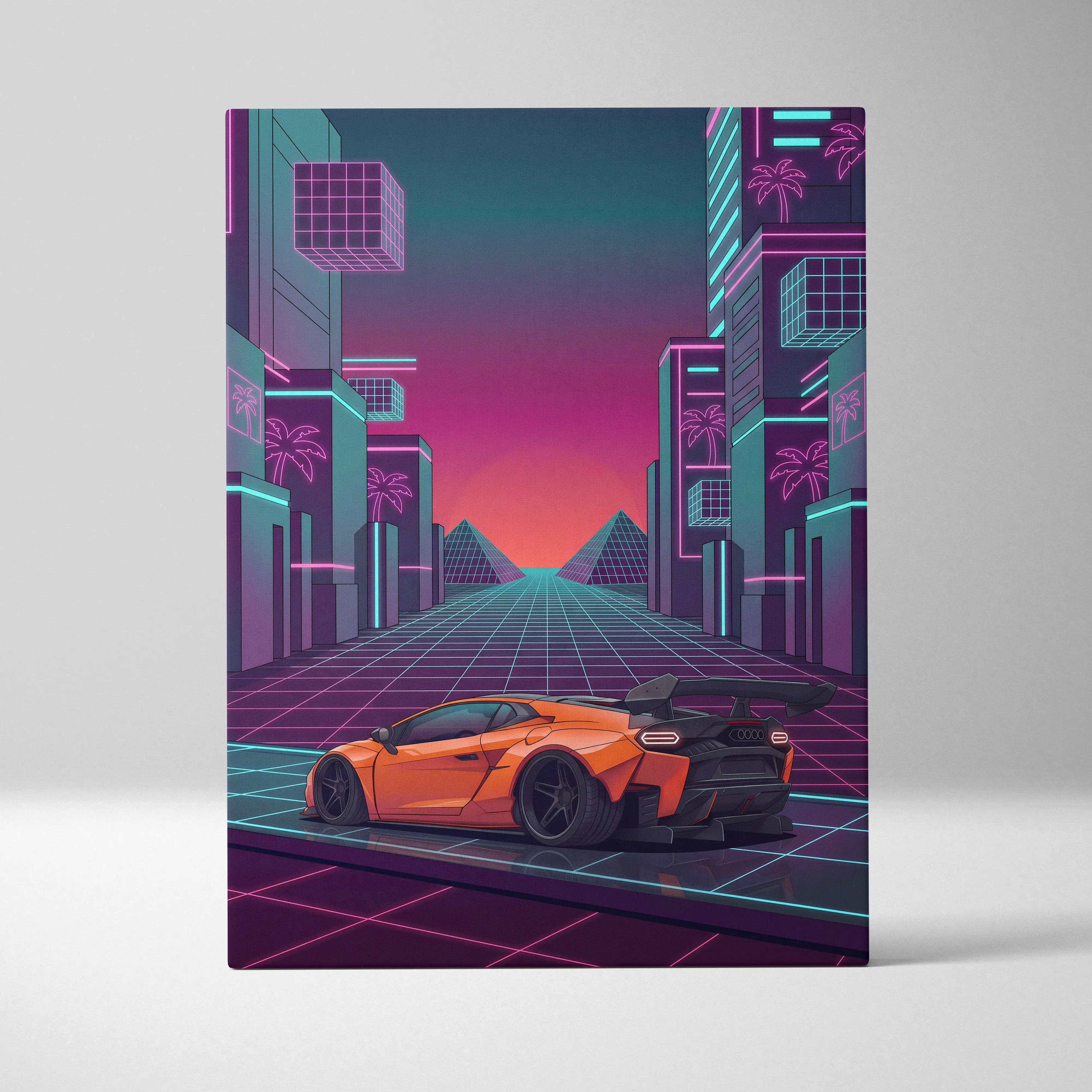 Lamborghini inspired orange pink canvas wall art featuring a vibrant orange sports car in a neon cyberpunk cityscape