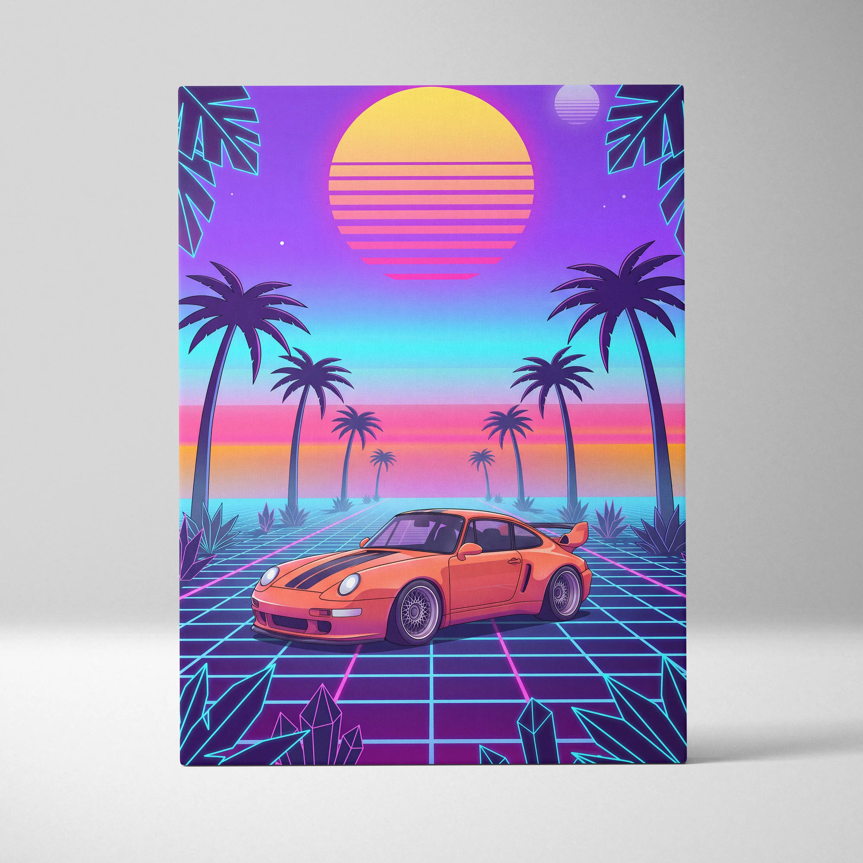 Porsche 911 Classic Inspired Orange Purple Canvas Wall Art, Vaporwave Widebody Car Artwork, Neon Palm Garage Decor, Retro Futuristic Art