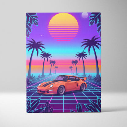 Porsche 911 Classic Inspired Orange Purple Canvas Wall Art, Vaporwave Widebody Car Artwork, Neon Palm Garage Decor, Retro Futuristic Art