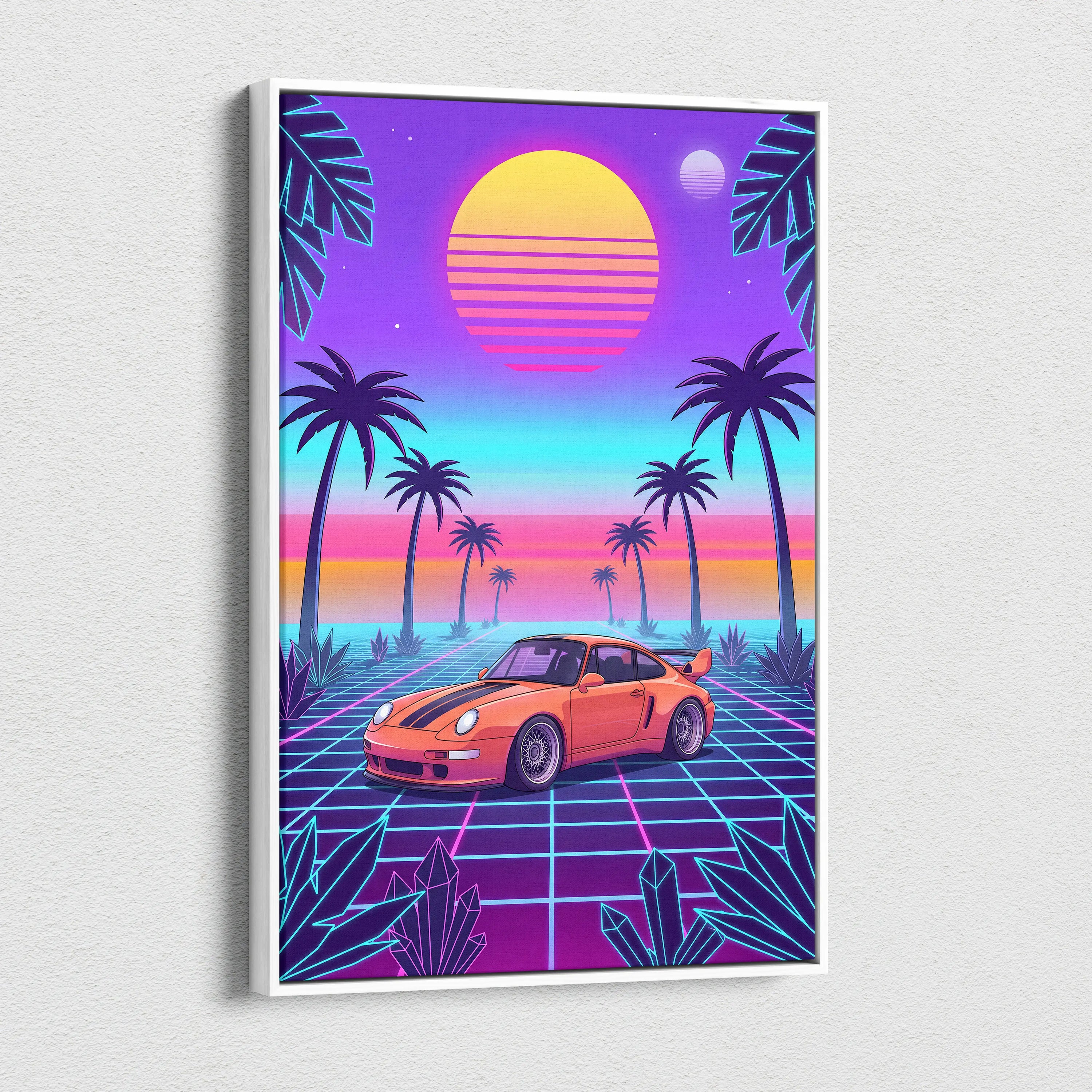 Porsche 911 Classic Inspired Orange Purple Canvas Wall Art, Vaporwave Widebody Car Artwork, Neon Palm Garage Decor, Retro Futuristic Art
