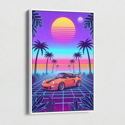 Porsche 911 Classic Inspired Orange Purple Canvas Wall Art, Vaporwave Widebody Car Artwork, Neon Palm Garage Decor, Retro Futuristic Art