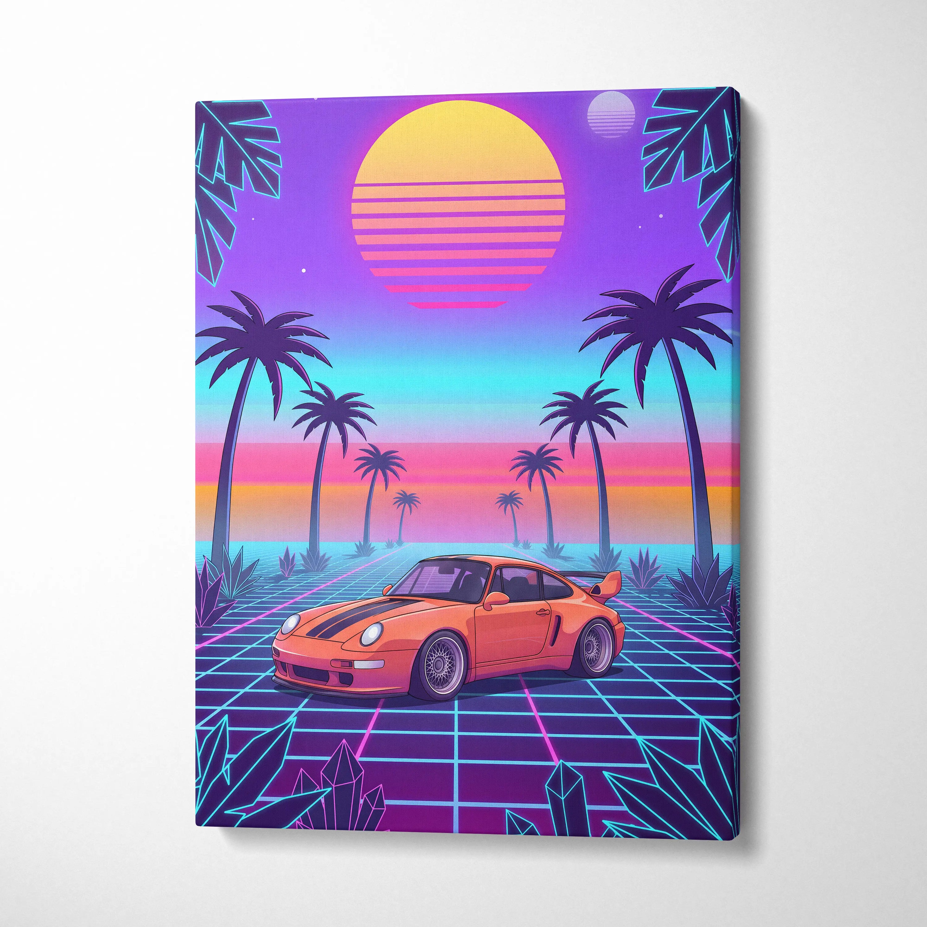 Porsche 911 Classic Inspired Orange Purple Canvas Wall Art, Vaporwave Widebody Car Artwork, Neon Palm Garage Decor, Retro Futuristic Art