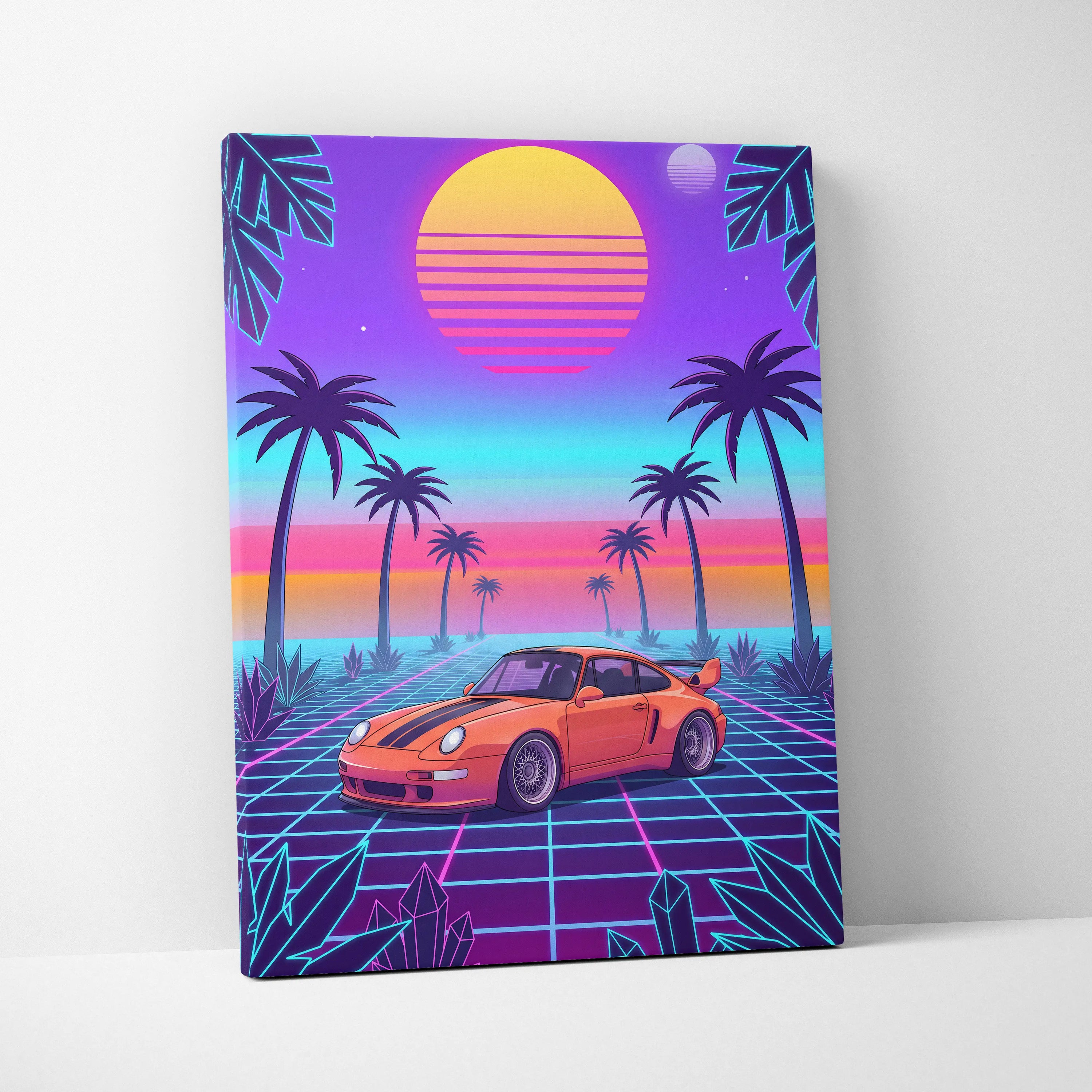 Porsche 911 Classic Inspired Orange Purple Canvas Wall Art, Vaporwave Widebody Car Artwork, Neon Palm Garage Decor, Retro Futuristic Art