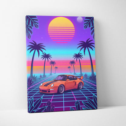 Porsche 911 Classic Inspired Orange Purple Canvas Wall Art, Vaporwave Widebody Car Artwork, Neon Palm Garage Decor, Retro Futuristic Art