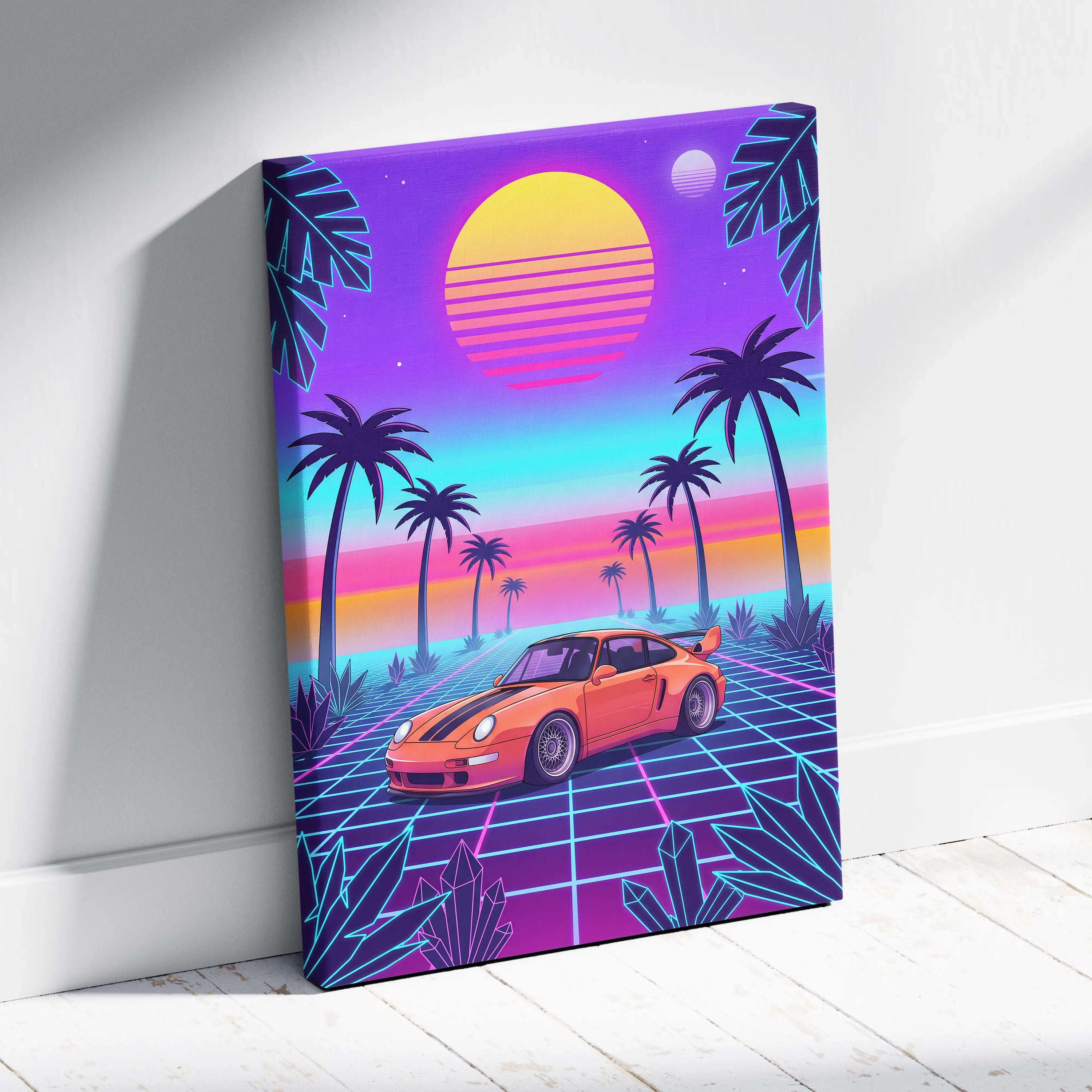 Porsche 911 Classic Inspired Orange Purple Canvas Wall Art, Vaporwave Widebody Car Artwork, Neon Palm Garage Decor, Retro Futuristic Art