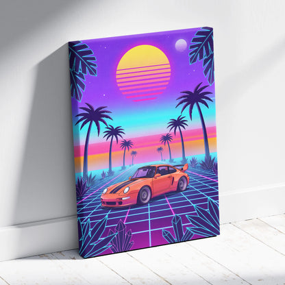Porsche 911 Classic Inspired Orange Purple Canvas Wall Art, Vaporwave Widebody Car Artwork, Neon Palm Garage Decor, Retro Futuristic Art