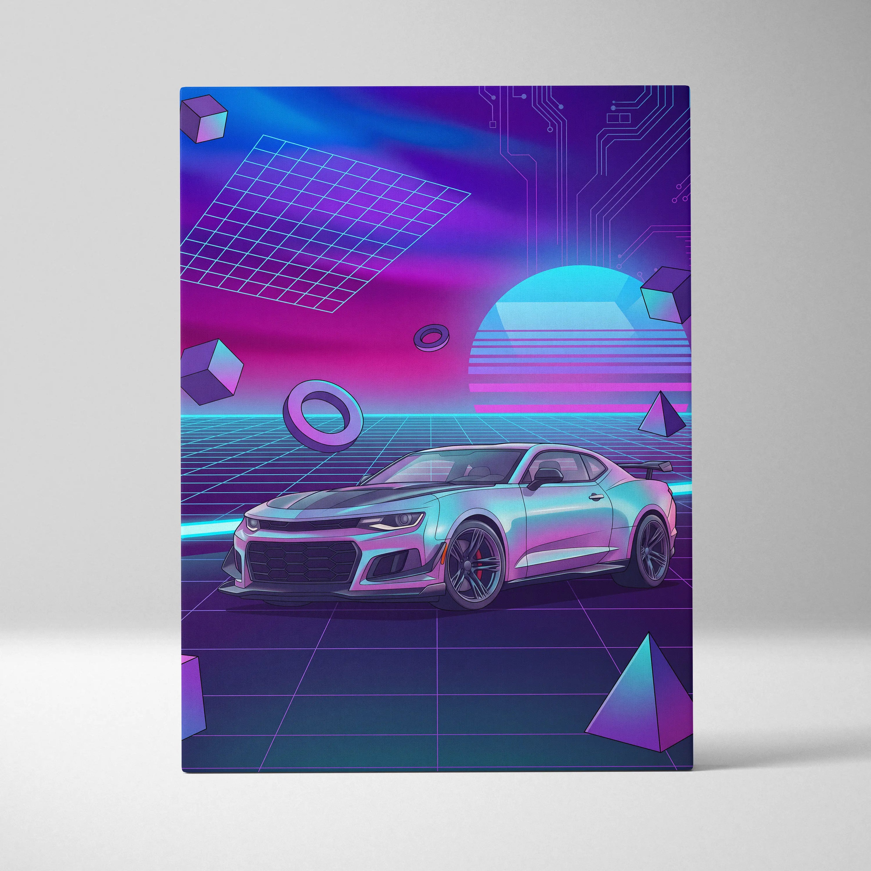 Chevrolet Camaro ZL1 Inspired Silver Purple Canvas Wall Art, Vaporwave Muscle Car Artwork, Neon Grid Garage Decor, Retro Futuristic Auto Print