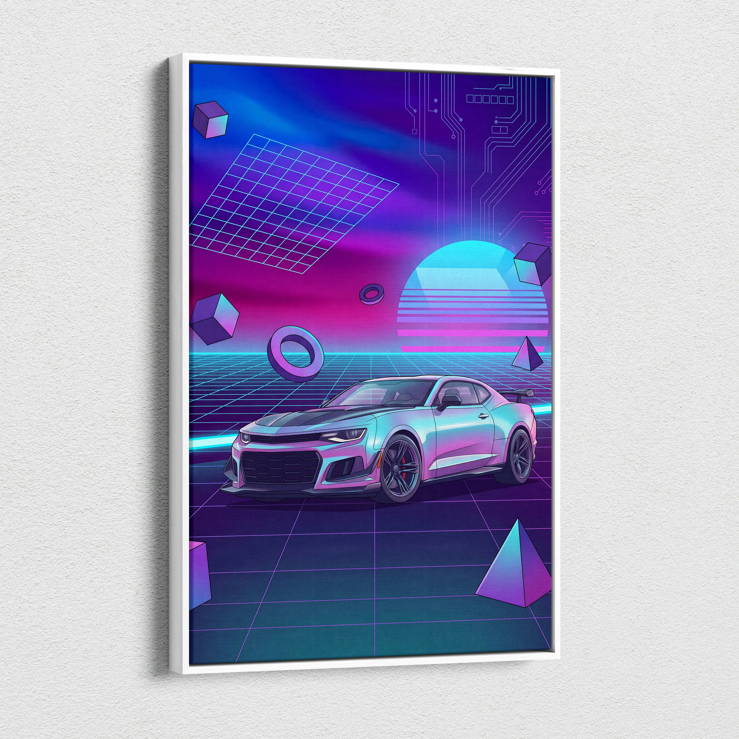 Chevrolet Camaro ZL1 Inspired Silver Purple Canvas Wall Art, Vaporwave Muscle Car Artwork, Neon Grid Garage Decor, Retro Futuristic Auto Print