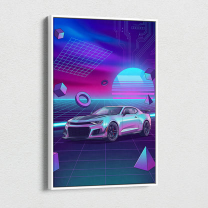 Chevrolet Camaro ZL1 Inspired Silver Purple Canvas Wall Art, Vaporwave Muscle Car Artwork, Neon Grid Garage Decor, Retro Futuristic Auto Print