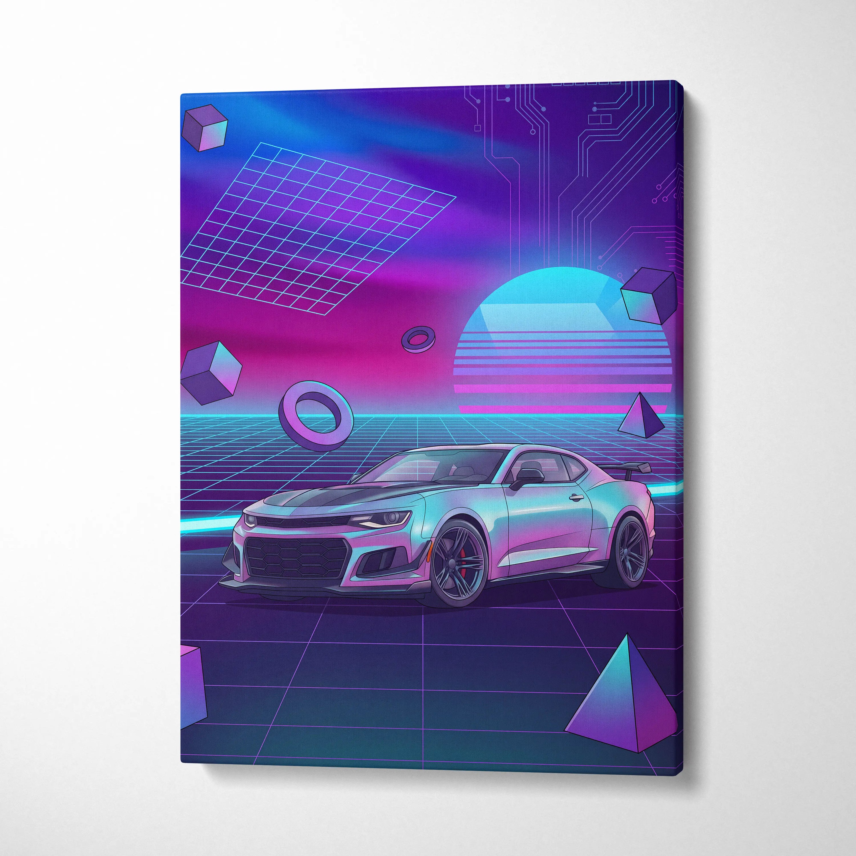 Chevrolet Camaro ZL1 Inspired Silver Purple Canvas Wall Art, Vaporwave Muscle Car Artwork, Neon Grid Garage Decor, Retro Futuristic Auto Print