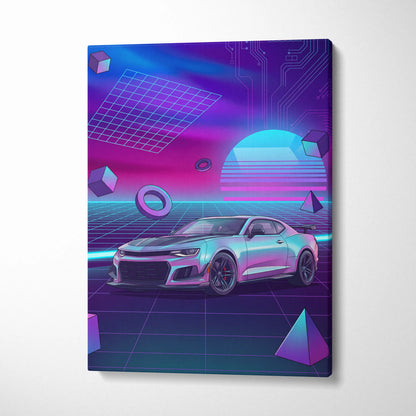 Chevrolet Camaro ZL1 Inspired Silver Purple Canvas Wall Art, Vaporwave Muscle Car Artwork, Neon Grid Garage Decor, Retro Futuristic Auto Print