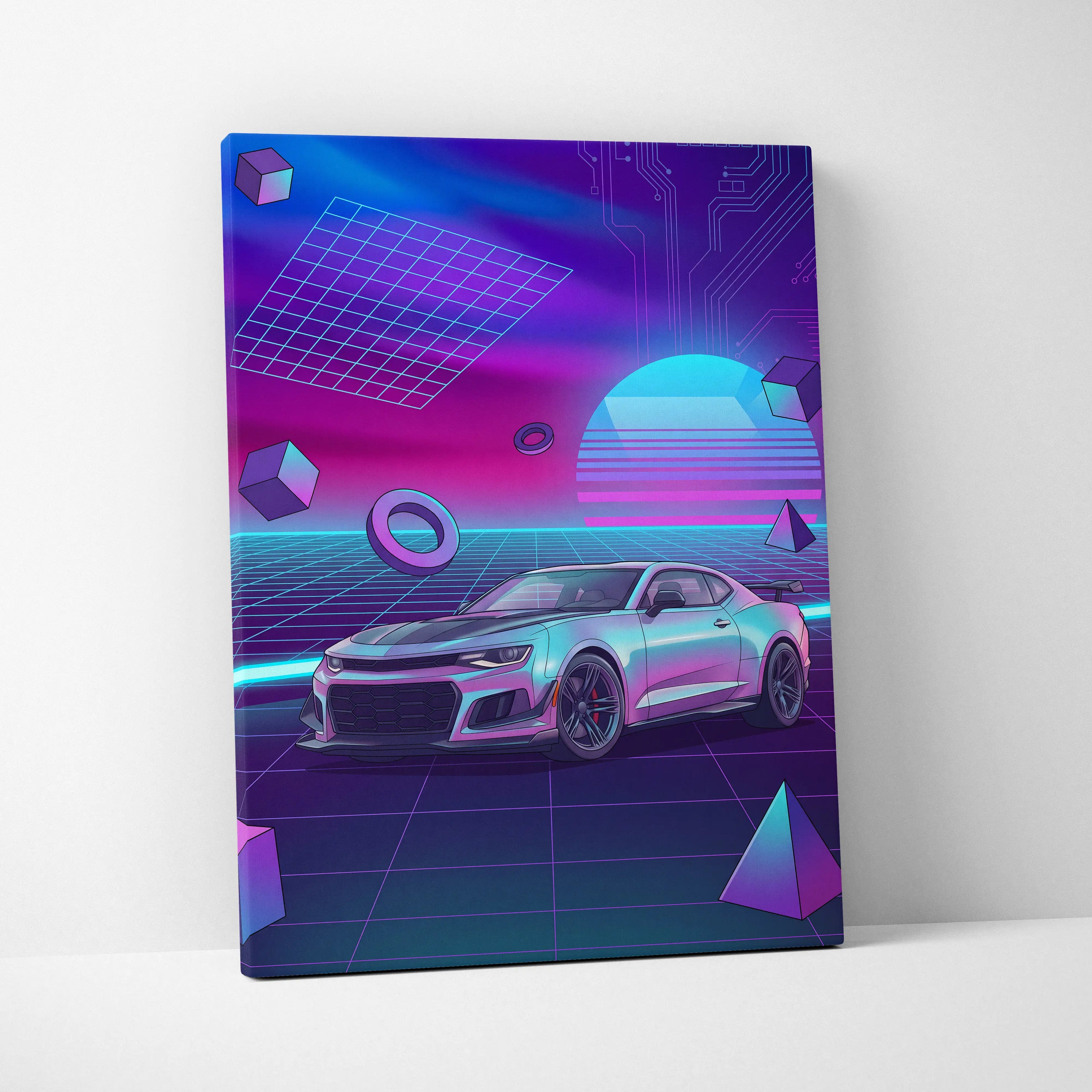 Chevrolet Camaro ZL1 Inspired Silver Purple Canvas Wall Art, Vaporwave Muscle Car Artwork, Neon Grid Garage Decor, Retro Futuristic Auto Print