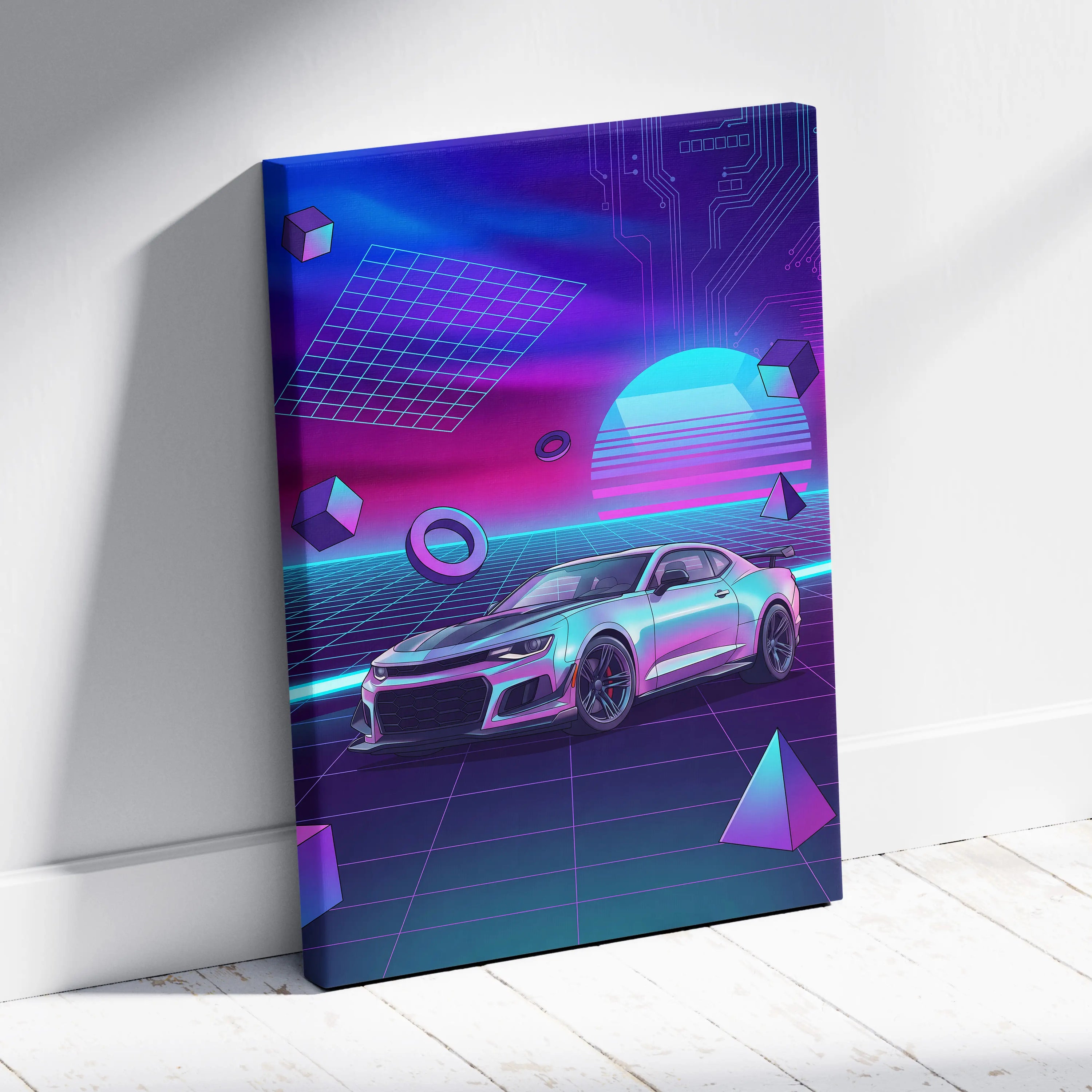 Chevrolet Camaro ZL1 Inspired Silver Purple Canvas Wall Art, Vaporwave Muscle Car Artwork, Neon Grid Garage Decor, Retro Futuristic Auto Print