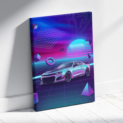 Chevrolet Camaro ZL1 Inspired Silver Purple Canvas Wall Art, Vaporwave Muscle Car Artwork, Neon Grid Garage Decor, Retro Futuristic Auto Print