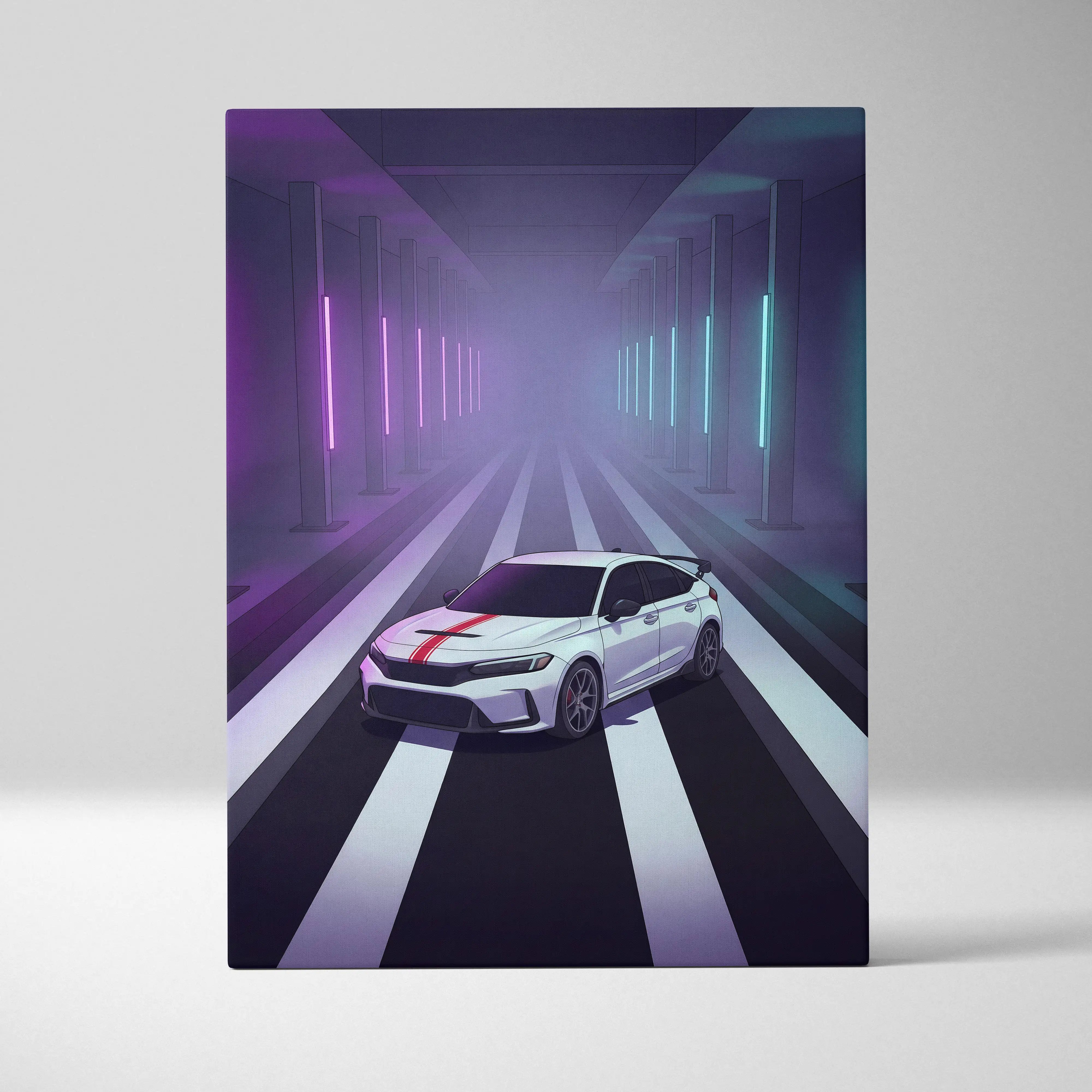 Honda Civic Type R inspired white canvas wall art with red racing stripe vaporwave JDM hatchback neon garage decor