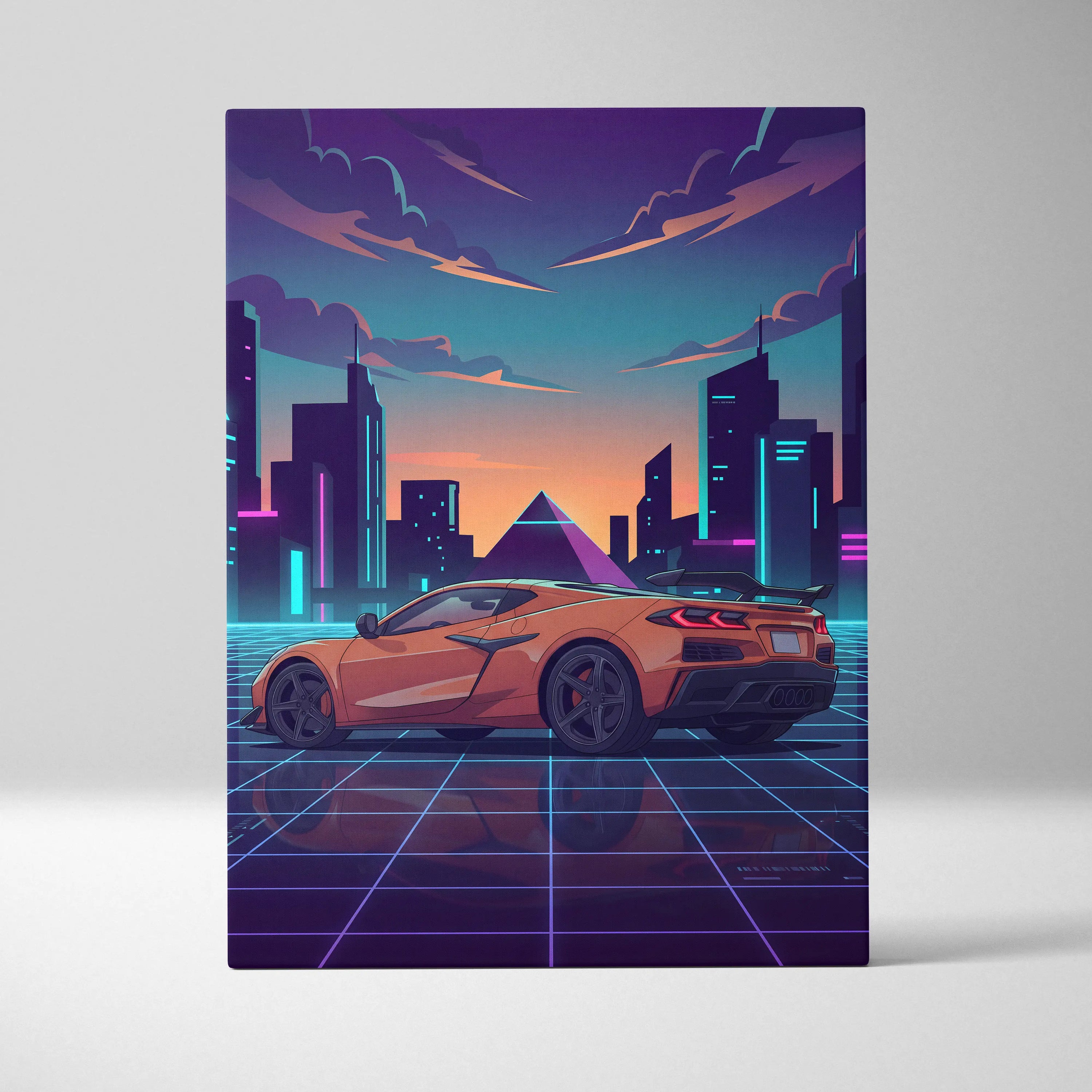 Chevrolet Corvette C8 Inspired Orange Purple Canvas Wall Art, Vaporwave Sports Car Artwork, Neon City Garage Decor, Retro Futuristic Auto Print