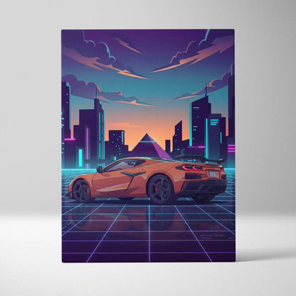 Chevrolet Corvette C8 Inspired Orange Purple Canvas Wall Art, Vaporwave Sports Car Artwork, Neon City Garage Decor, Retro Futuristic Auto Print