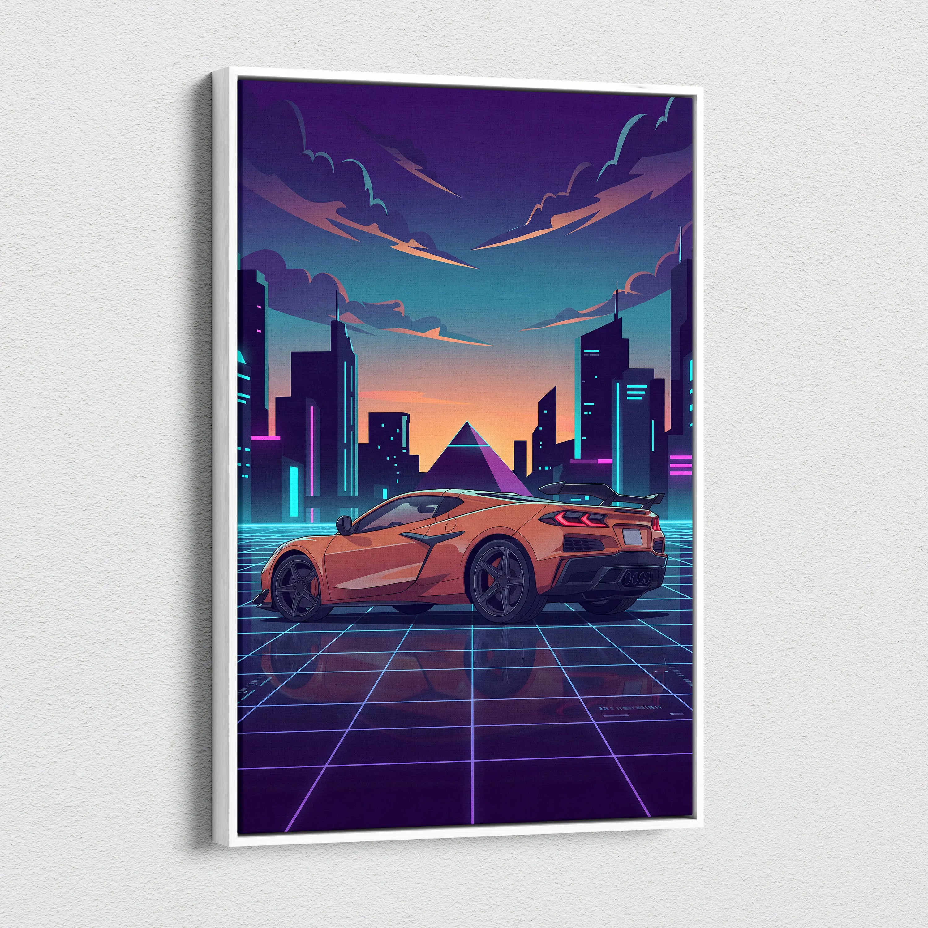 Chevrolet Corvette C8 Inspired Orange Purple Canvas Wall Art, Vaporwave Sports Car Artwork, Neon City Garage Decor, Retro Futuristic Auto Print