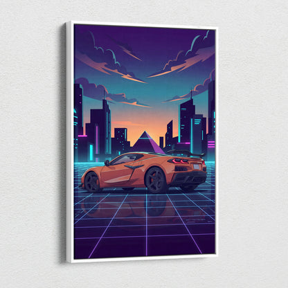 Chevrolet Corvette C8 Inspired Orange Purple Canvas Wall Art, Vaporwave Sports Car Artwork, Neon City Garage Decor, Retro Futuristic Auto Print