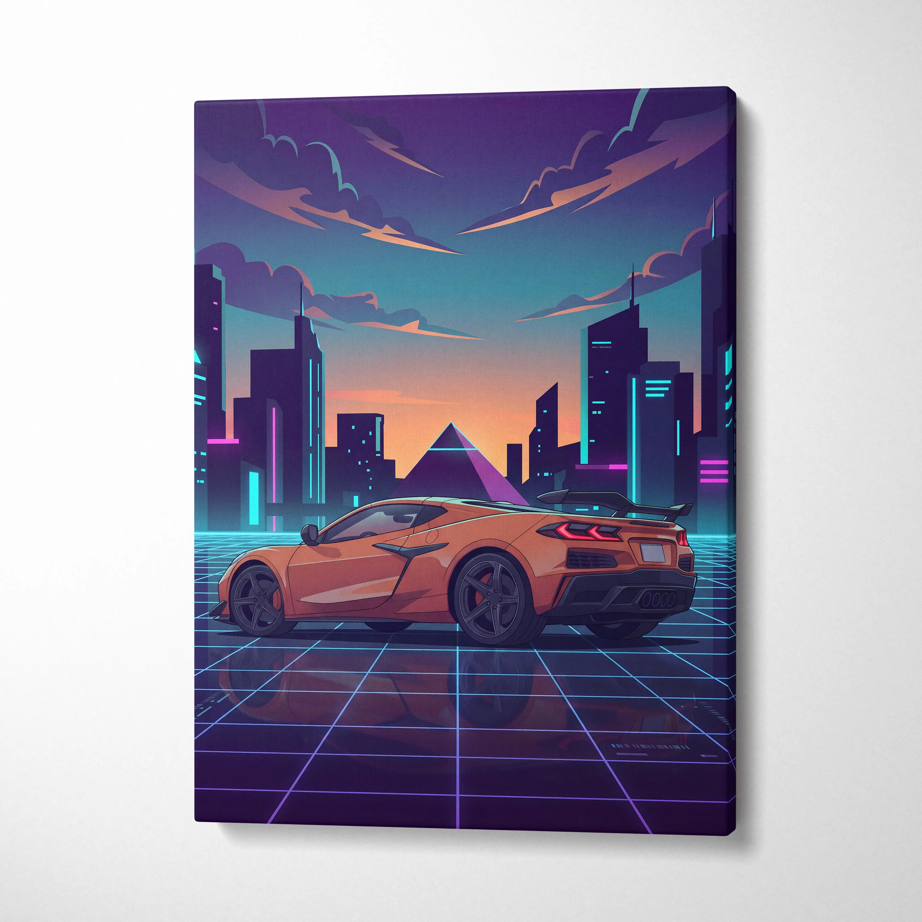 Chevrolet Corvette C8 Inspired Orange Purple Canvas Wall Art, Vaporwave Sports Car Artwork, Neon City Garage Decor, Retro Futuristic Auto Print