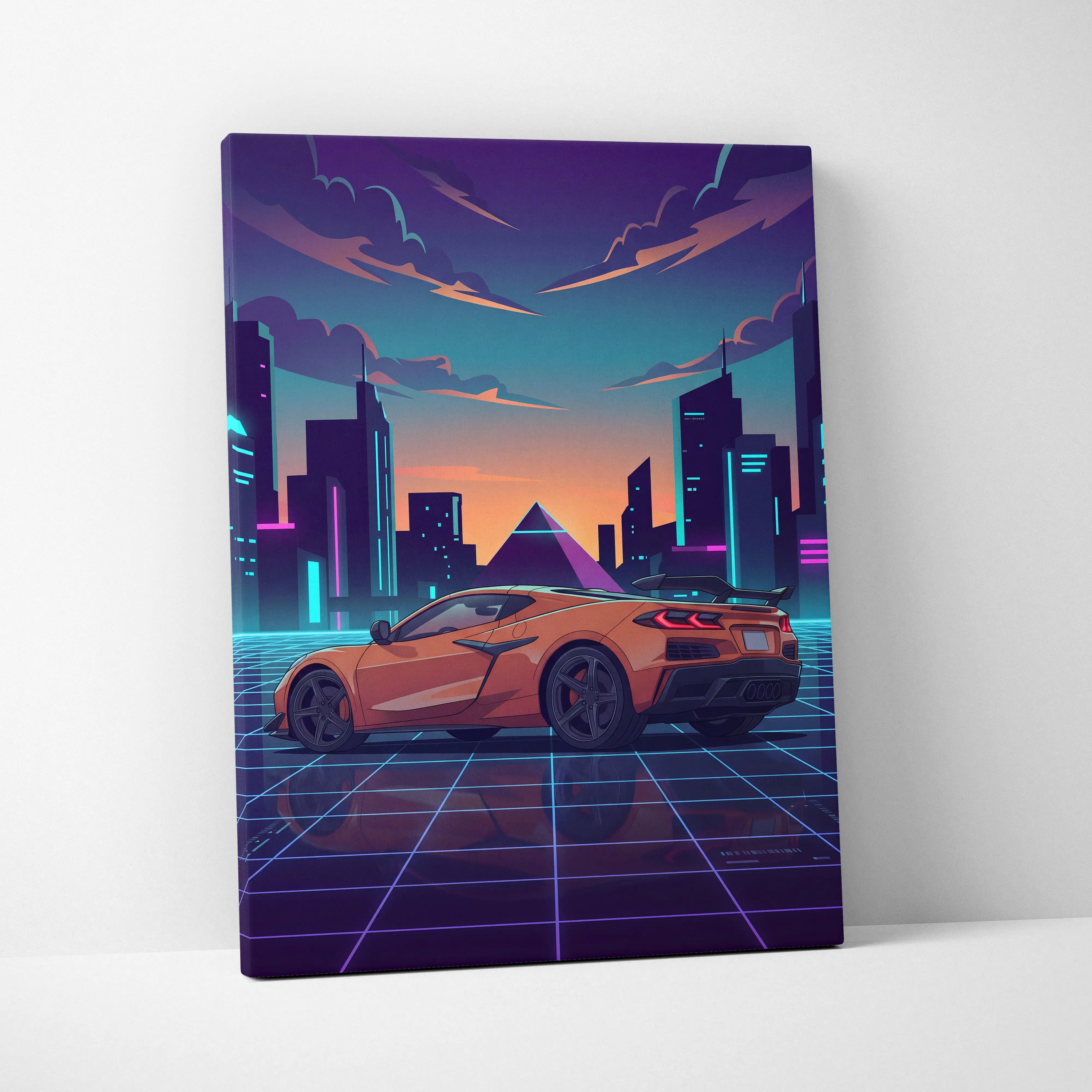 Chevrolet Corvette C8 Inspired Orange Purple Canvas Wall Art, Vaporwave Sports Car Artwork, Neon City Garage Decor, Retro Futuristic Auto Print