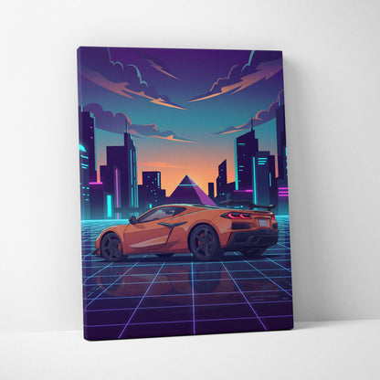 Chevrolet Corvette C8 Inspired Orange Purple Canvas Wall Art, Vaporwave Sports Car Artwork, Neon City Garage Decor, Retro Futuristic Auto Print