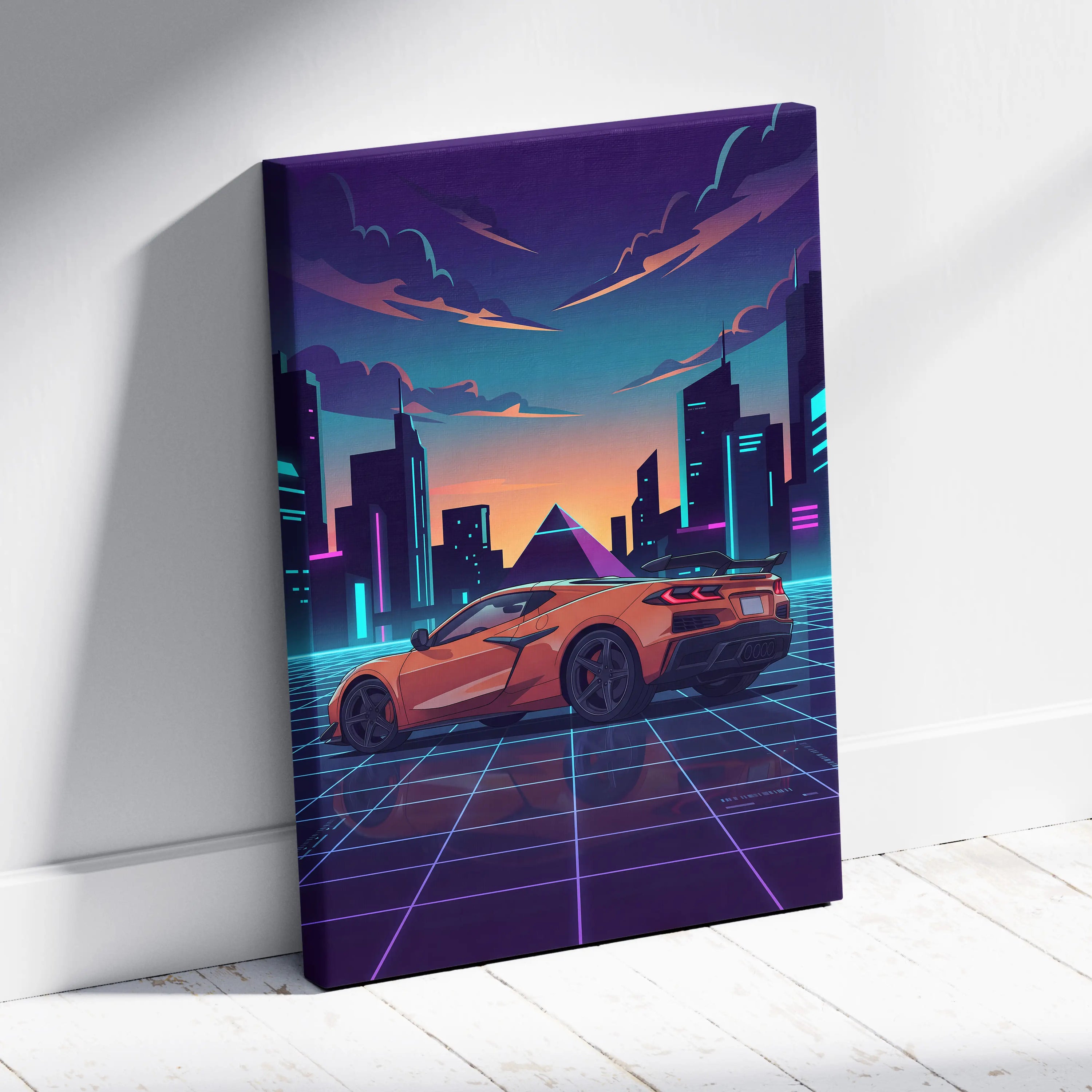 Chevrolet Corvette C8 Inspired Orange Purple Canvas Wall Art, Vaporwave Sports Car Artwork, Neon City Garage Decor, Retro Futuristic Auto Print