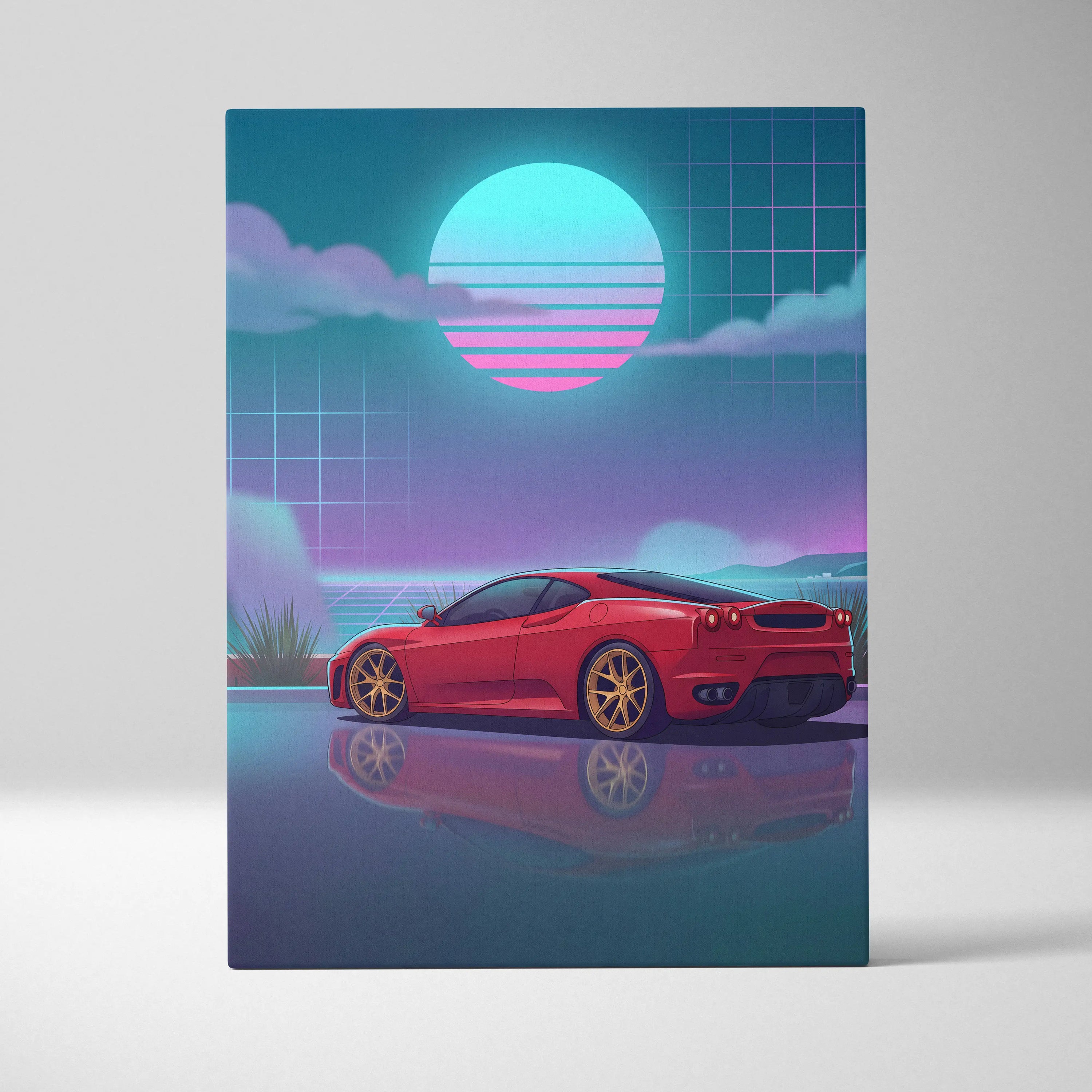 Ferrari F430 Inspired Red Teal Canvas Wall Art, Vaporwave Sports Car Artwork, Neon Sunset Garage Decor, Retro Futuristic Exotic Car Print