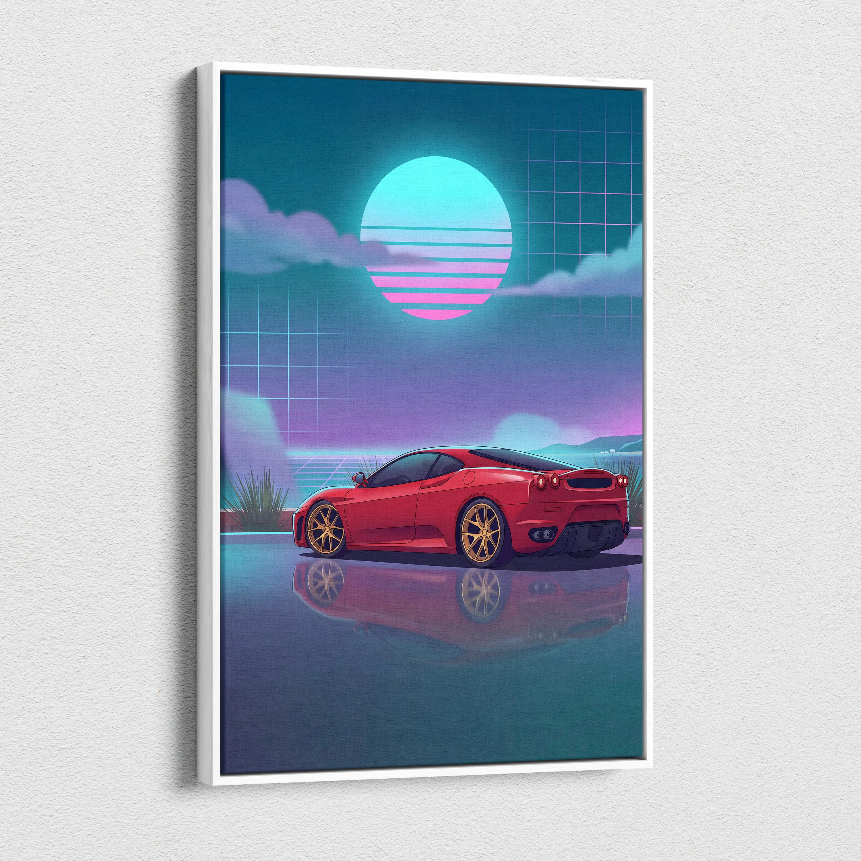 Ferrari F430 Inspired Red Teal Canvas Wall Art, Vaporwave Sports Car Artwork, Neon Sunset Garage Decor, Retro Futuristic Exotic Car Print