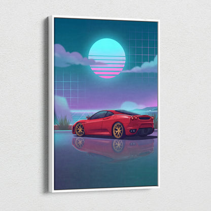 Ferrari F430 Inspired Red Teal Canvas Wall Art, Vaporwave Sports Car Artwork, Neon Sunset Garage Decor, Retro Futuristic Exotic Car Print