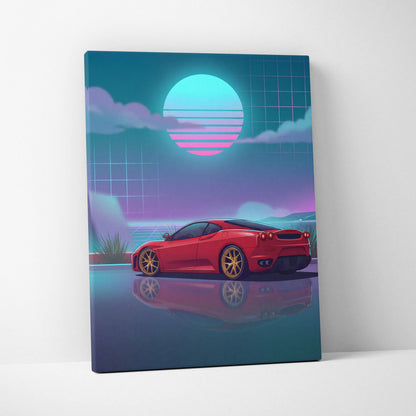 Ferrari F430 Inspired Red Teal Canvas Wall Art, Vaporwave Sports Car Artwork, Neon Sunset Garage Decor, Retro Futuristic Exotic Car Print
