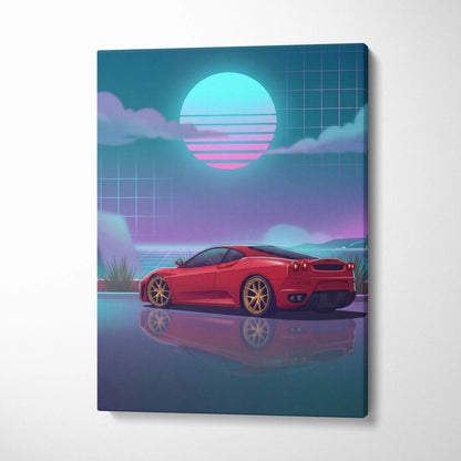 Ferrari F430 Inspired Red Teal Canvas Wall Art, Vaporwave Sports Car Artwork, Neon Sunset Garage Decor, Retro Futuristic Exotic Car Print