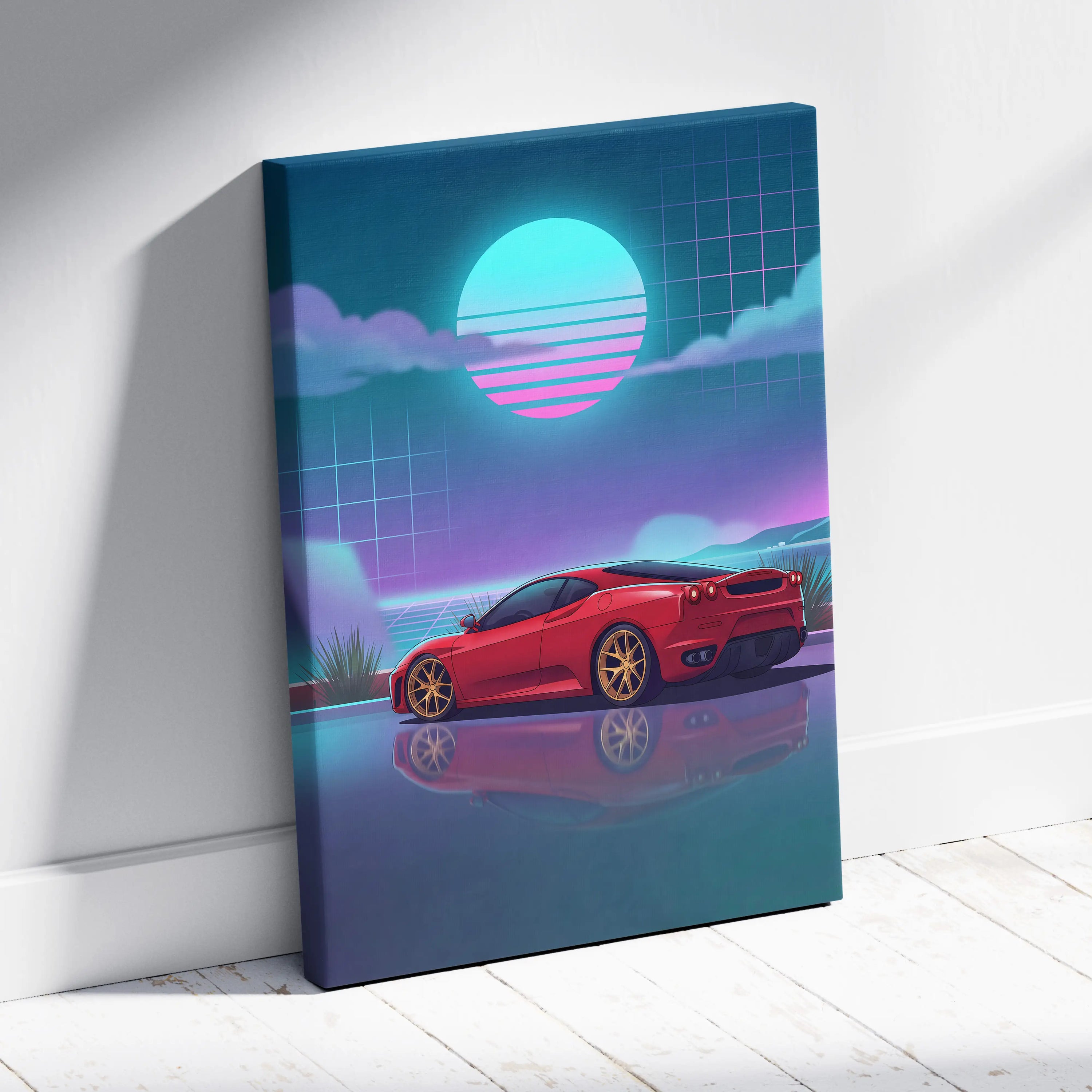 Ferrari F430 Inspired Red Teal Canvas Wall Art, Vaporwave Sports Car Artwork, Neon Sunset Garage Decor, Retro Futuristic Exotic Car Print