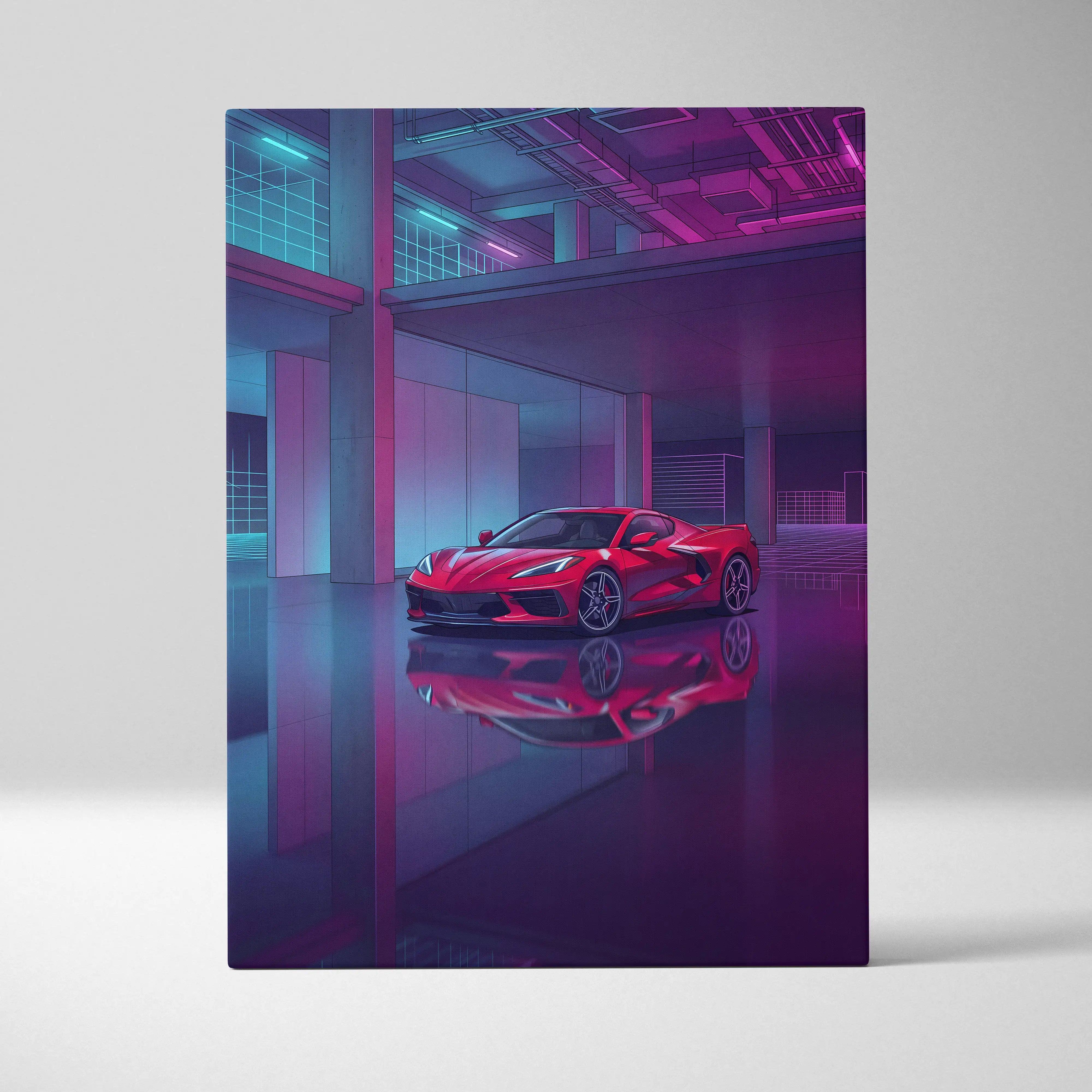 Chevrolet corvette c8 inspired red purple canvas wall art featuring neon-lit vaporwave sports car in retro futuristic garage