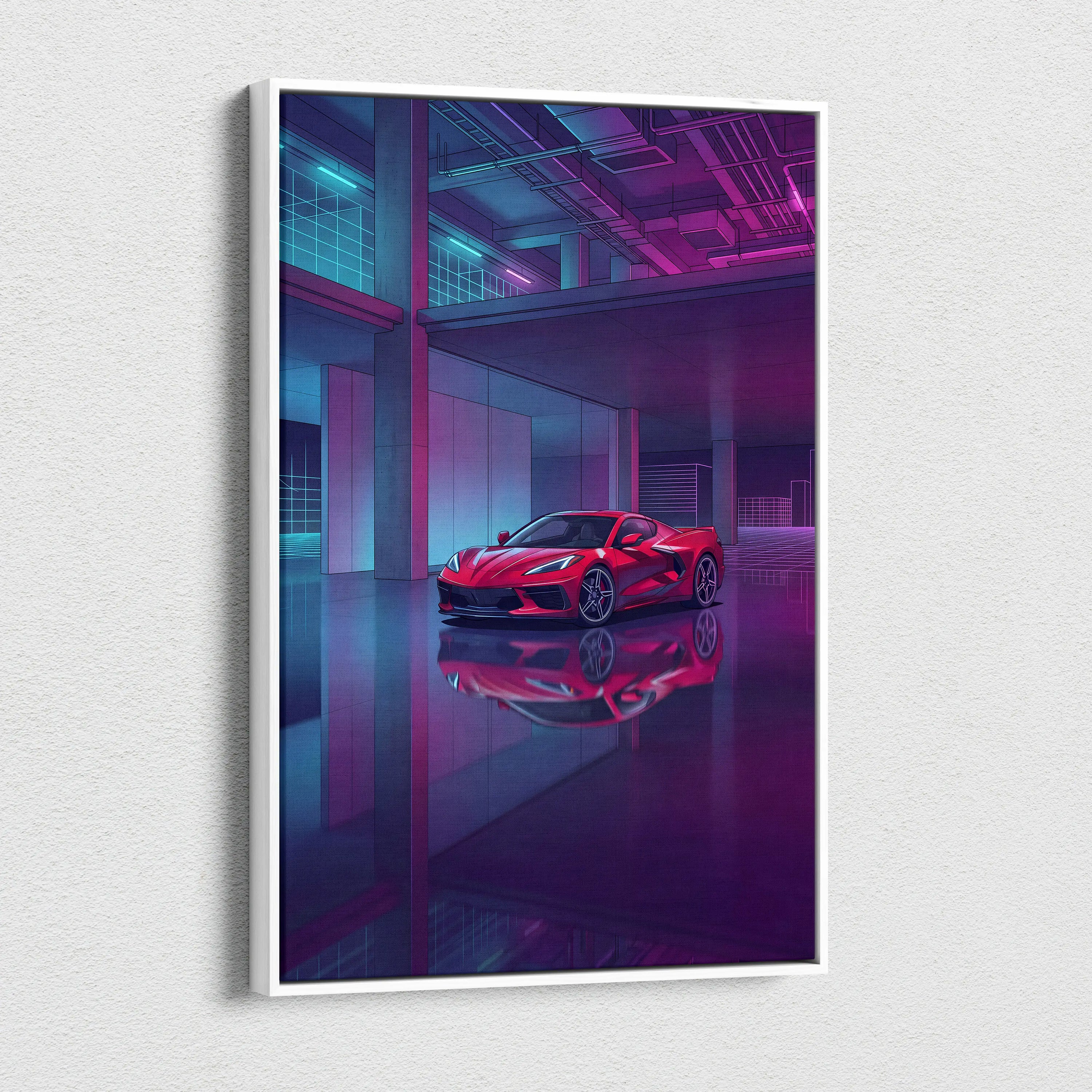 Chevrolet Corvette C8 Inspired Red Purple Canvas Wall Art, Vaporwave Sports Car Artwork, Neon Garage Decor, Retro Futuristic Auto Print
