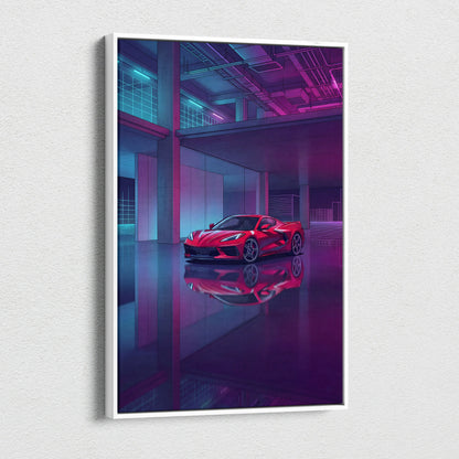 Chevrolet Corvette C8 Inspired Red Purple Canvas Wall Art, Vaporwave Sports Car Artwork, Neon Garage Decor, Retro Futuristic Auto Print