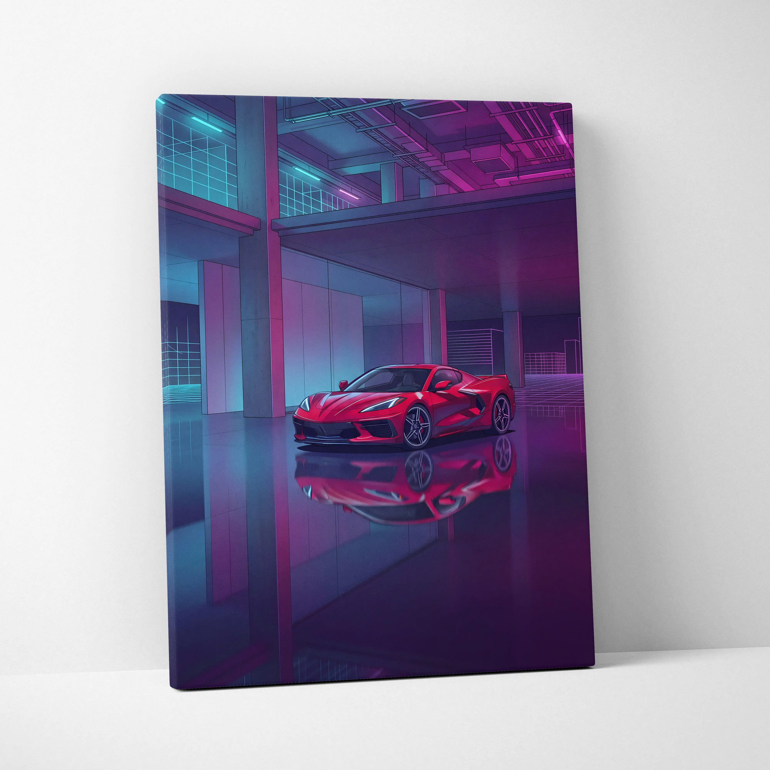 Chevrolet Corvette C8 Inspired Red Purple Canvas Wall Art, Vaporwave Sports Car Artwork, Neon Garage Decor, Retro Futuristic Auto Print