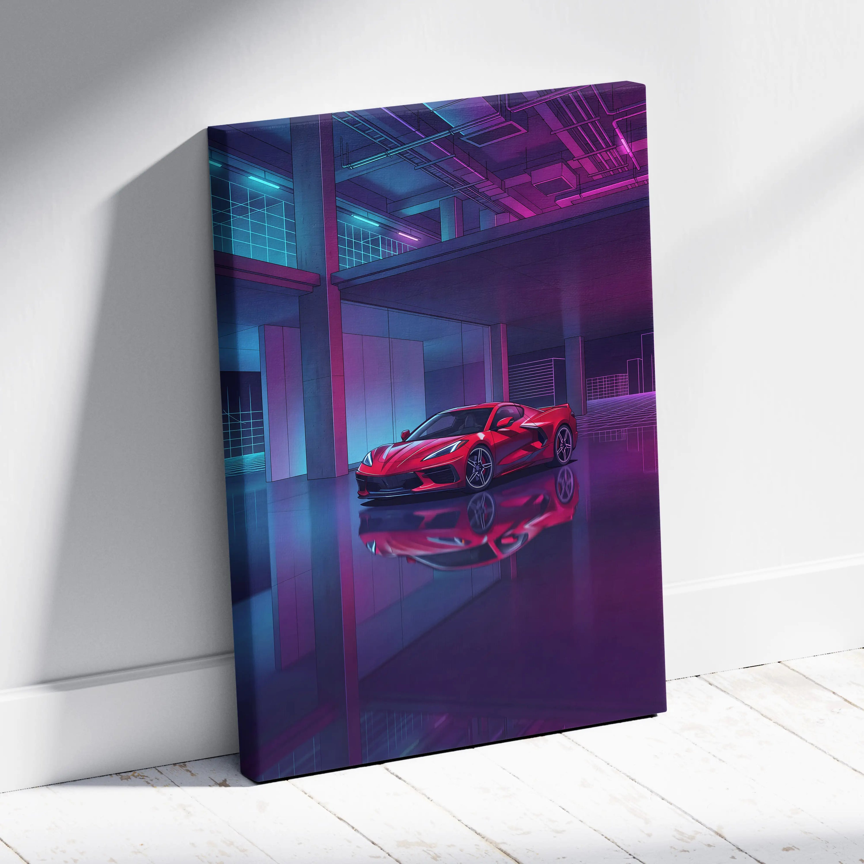 Chevrolet Corvette C8 Inspired Red Purple Canvas Wall Art, Vaporwave Sports Car Artwork, Neon Garage Decor, Retro Futuristic Auto Print