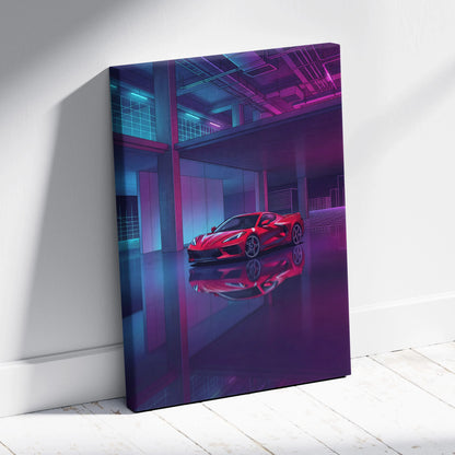 Chevrolet Corvette C8 Inspired Red Purple Canvas Wall Art, Vaporwave Sports Car Artwork, Neon Garage Decor, Retro Futuristic Auto Print