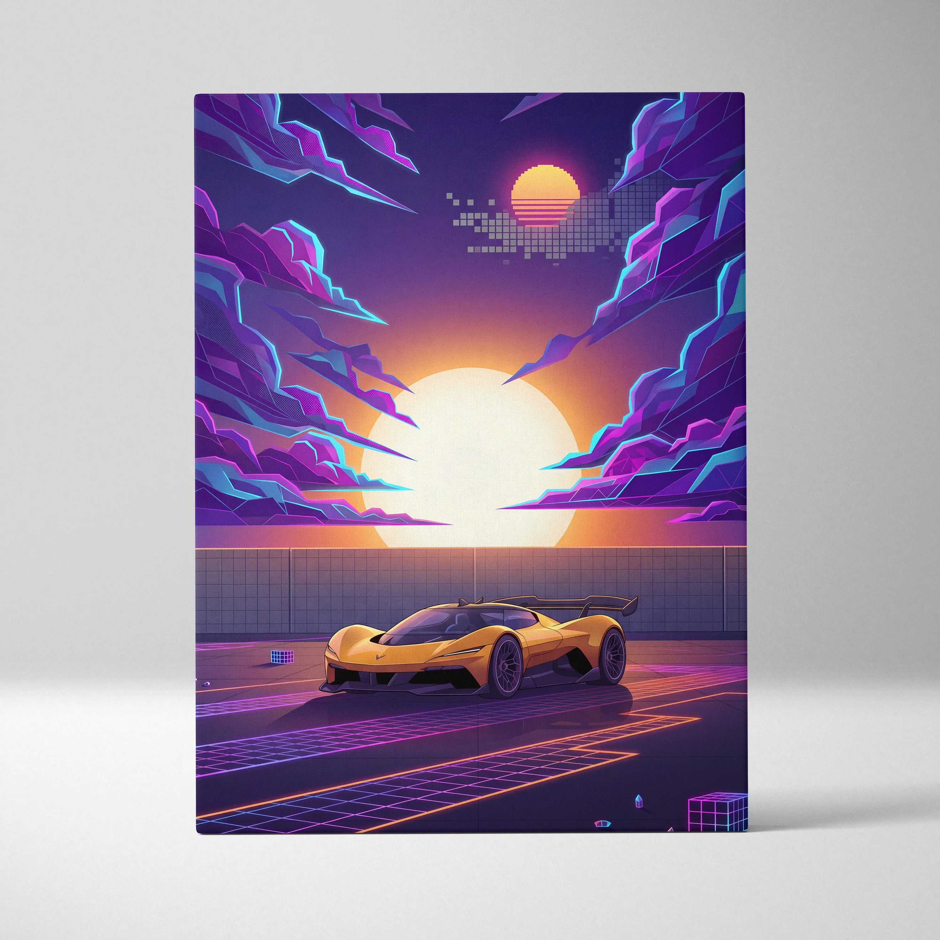 Chevrolet Corvette CX Concept Inspired Yellow Purple Canvas Wall Art, Vaporwave Sports Car Artwork, Neon Grid Garage Decor, Retro Futuristic Auto Print