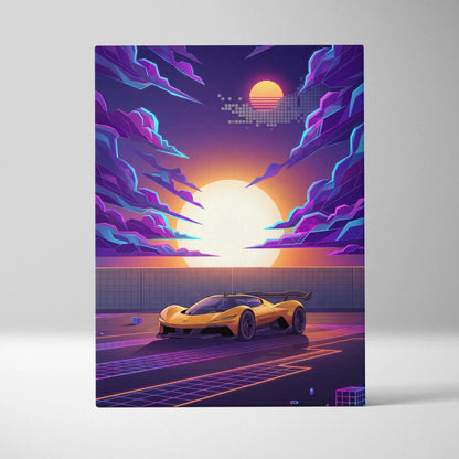 Chevrolet Corvette CX Concept Inspired Yellow Purple Canvas Wall Art, Vaporwave Sports Car Artwork, Neon Grid Garage Decor, Retro Futuristic Auto Print