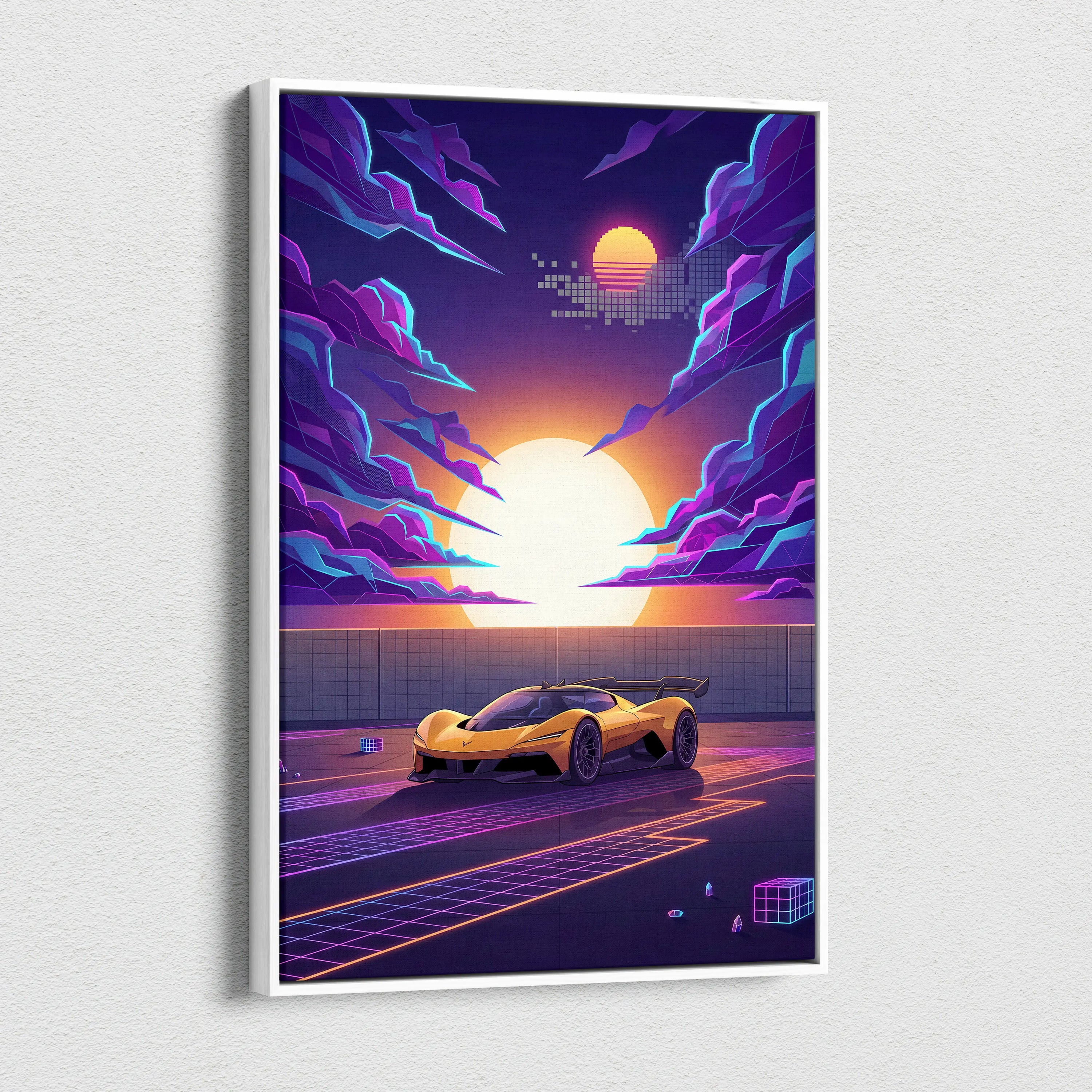 Chevrolet Corvette CX Concept Inspired Yellow Purple Canvas Wall Art, Vaporwave Sports Car Artwork, Neon Grid Garage Decor, Retro Futuristic Auto Print