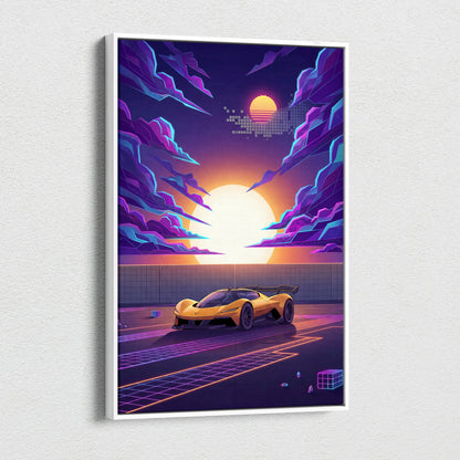 Chevrolet Corvette CX Concept Inspired Yellow Purple Canvas Wall Art, Vaporwave Sports Car Artwork, Neon Grid Garage Decor, Retro Futuristic Auto Print
