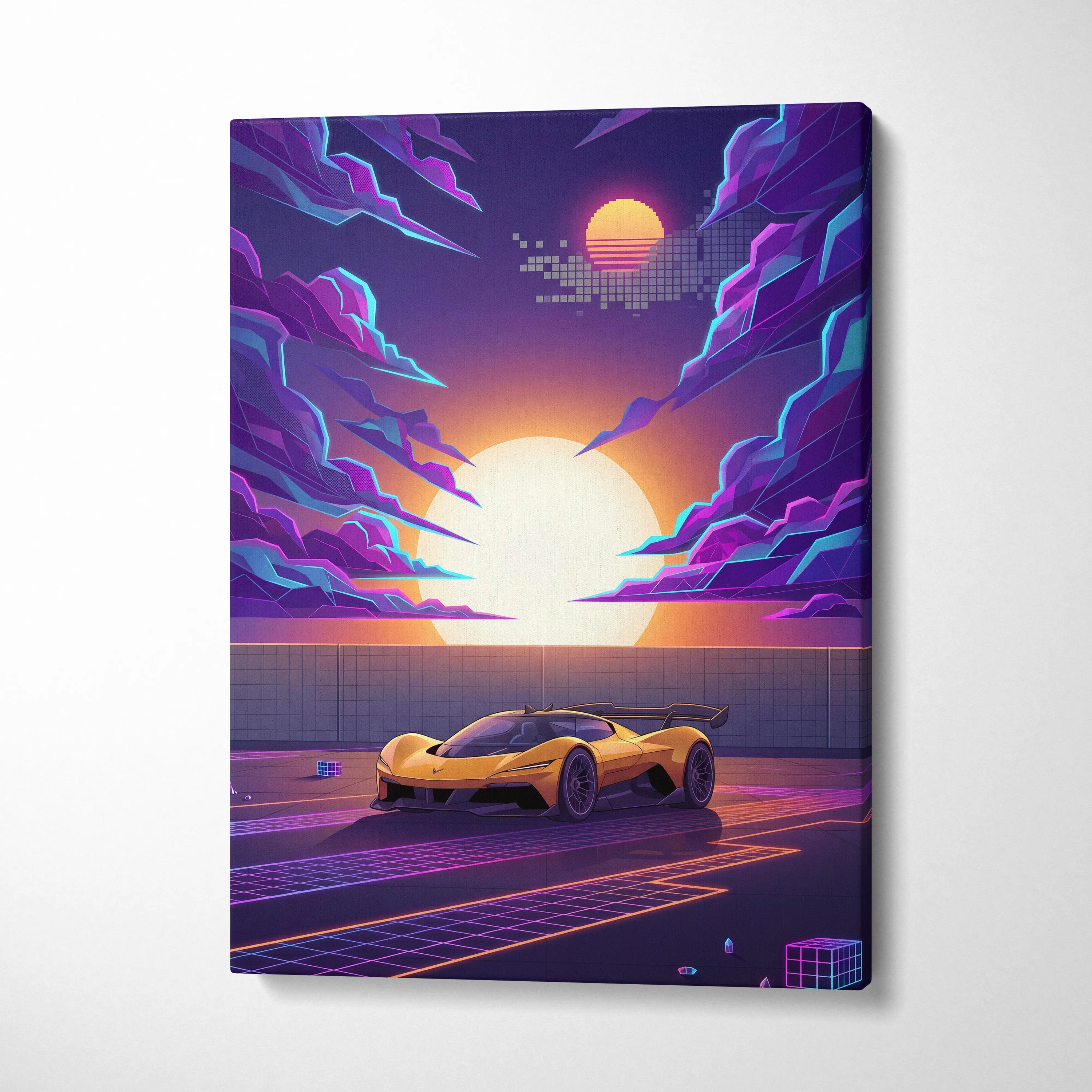 Chevrolet Corvette CX Concept Inspired Yellow Purple Canvas Wall Art, Vaporwave Sports Car Artwork, Neon Grid Garage Decor, Retro Futuristic Auto Print